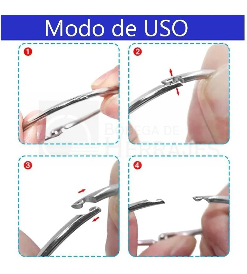 Pack 10 piezas de argollas abatibles articuladas metálicas con bisagra de perno remachado en acabado niquelado (plateado). Medida de 32 mm de diámetro interior, ideal para carpetas, agendas, menús, publicaciones impresas, carteles colgantes y gráficos. Capacidad para almacenar 260 hojas.