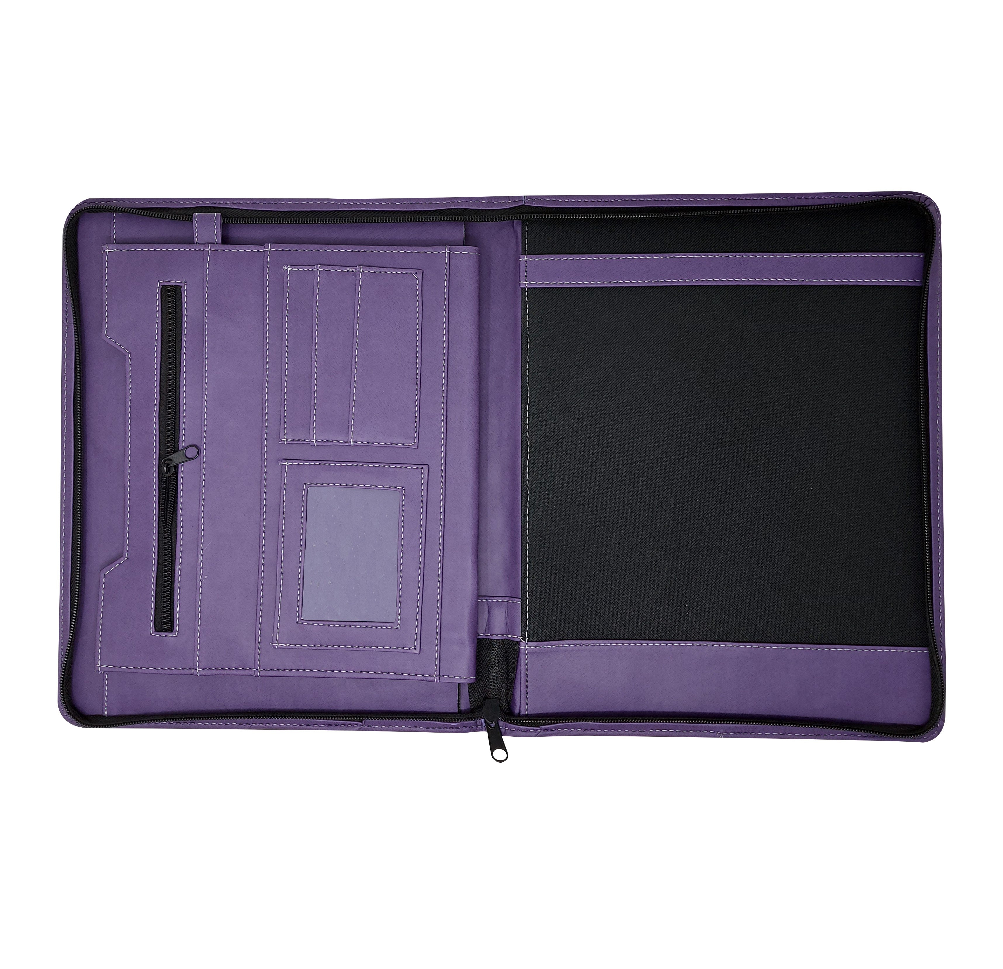 Carpeta ejecutiva carta bitono portablock con bolsillos de color morado, fabricada con materiales de primera calidad en México. Ideal para organizar documentos de oficina y presentaciones. Entrega inmediata y atención personalizada.