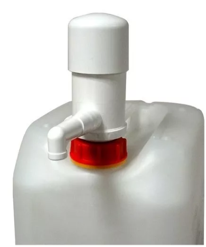 Válvula manual industrial para garrafas y bidones de 20, 50 y 60 litros, dosificación de 125 ml por bombeo, con tapa de 61 mm y tubo de 46 cm, ideal para líquidos viscosos y productos químicos.