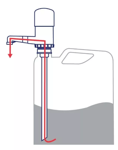 Válvula manual industrial para garrafas y bidones de 20, 50 y 60 litros, dosificación de 125 ml por bombeo, con tapa de 61 mm y tubo de 46 cm, ideal para líquidos viscosos y productos químicos.
