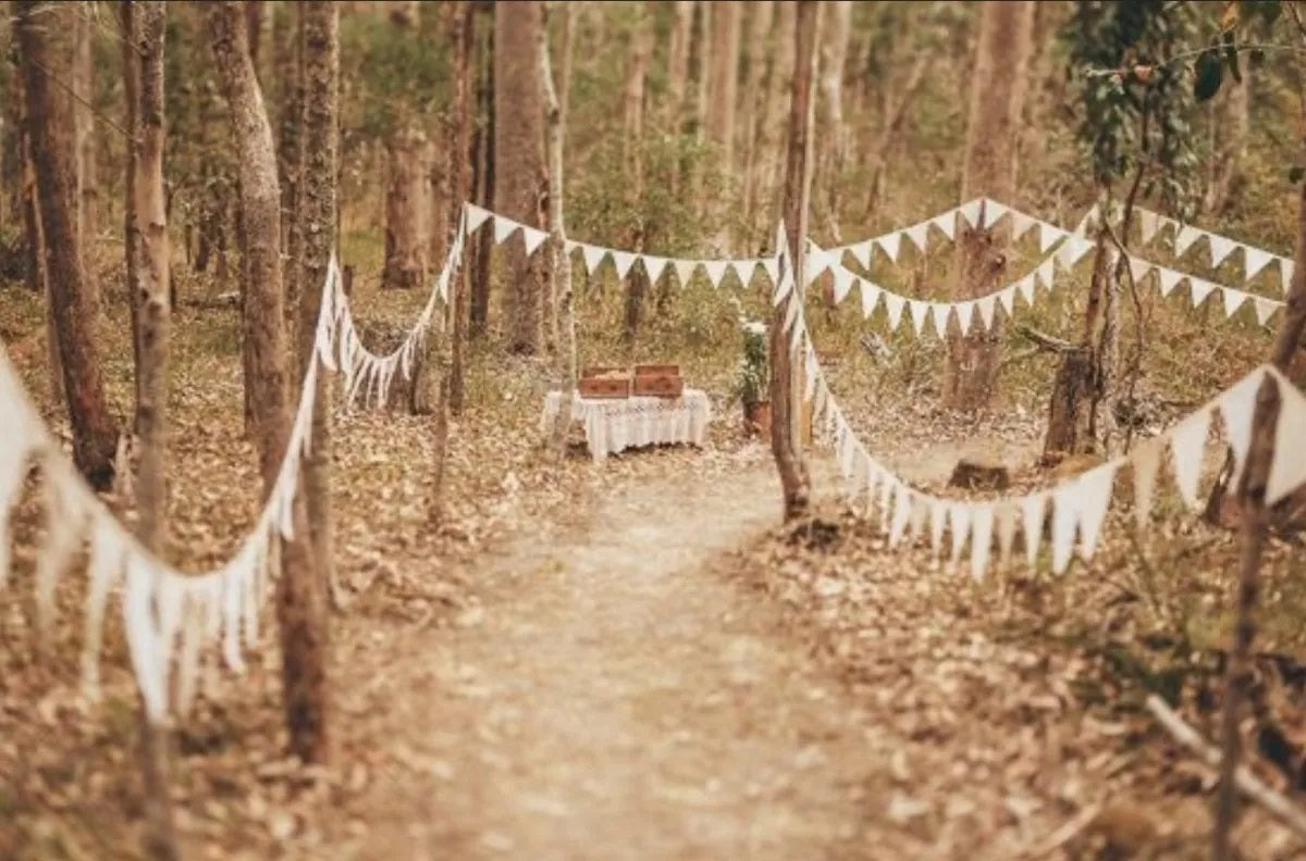 Tira decorativa de banderines triangulares de polietileno color blanco, ideal para eventos al aire libre como bodas, bautizos y ceremonias; 50 metros de largo con 84 banderines por tira.