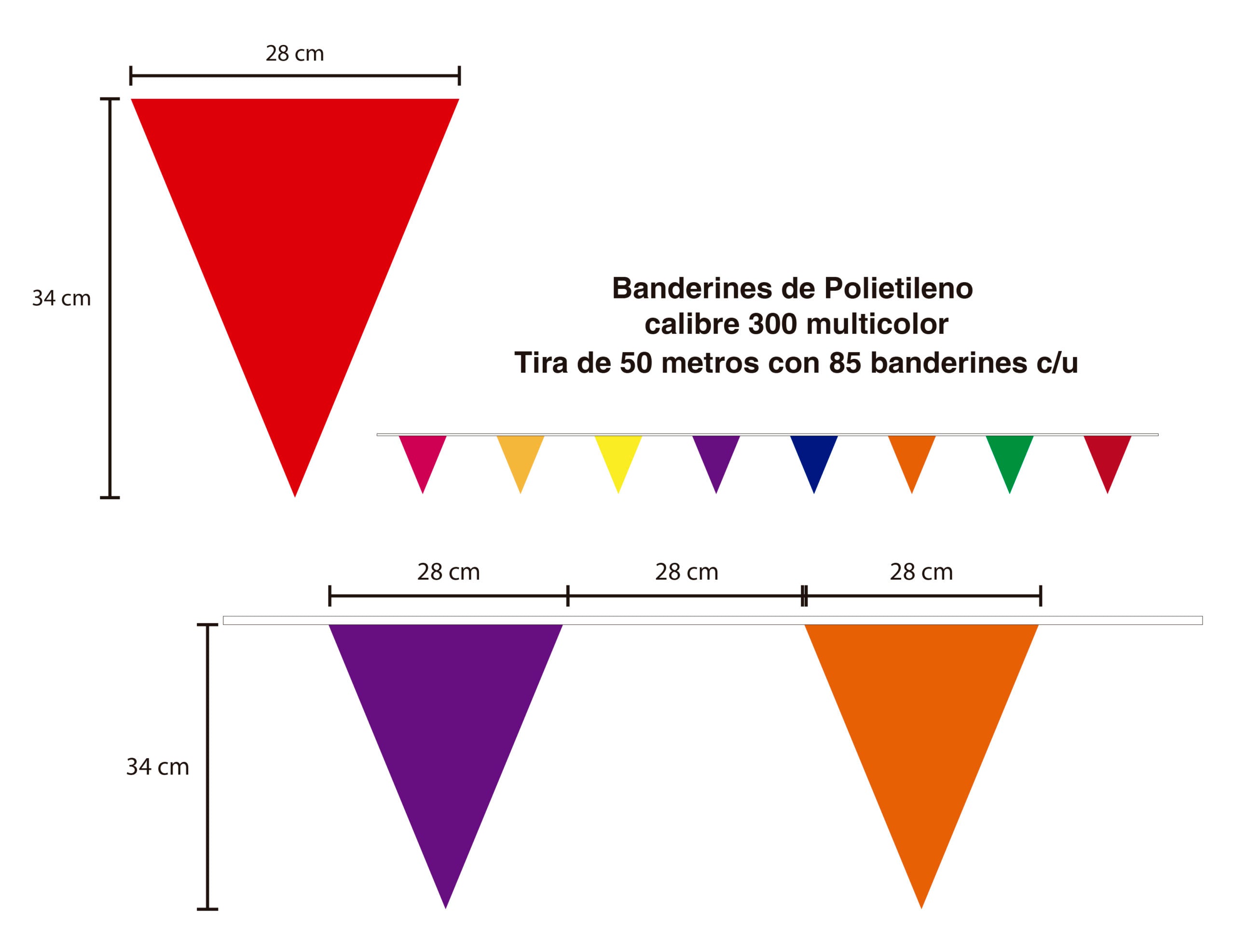 Tira de banderines triangulares multicolor con guía de rafia blanca, ideal para decoración de eventos, fiestas, exposiciones y más, apto para exteriores.