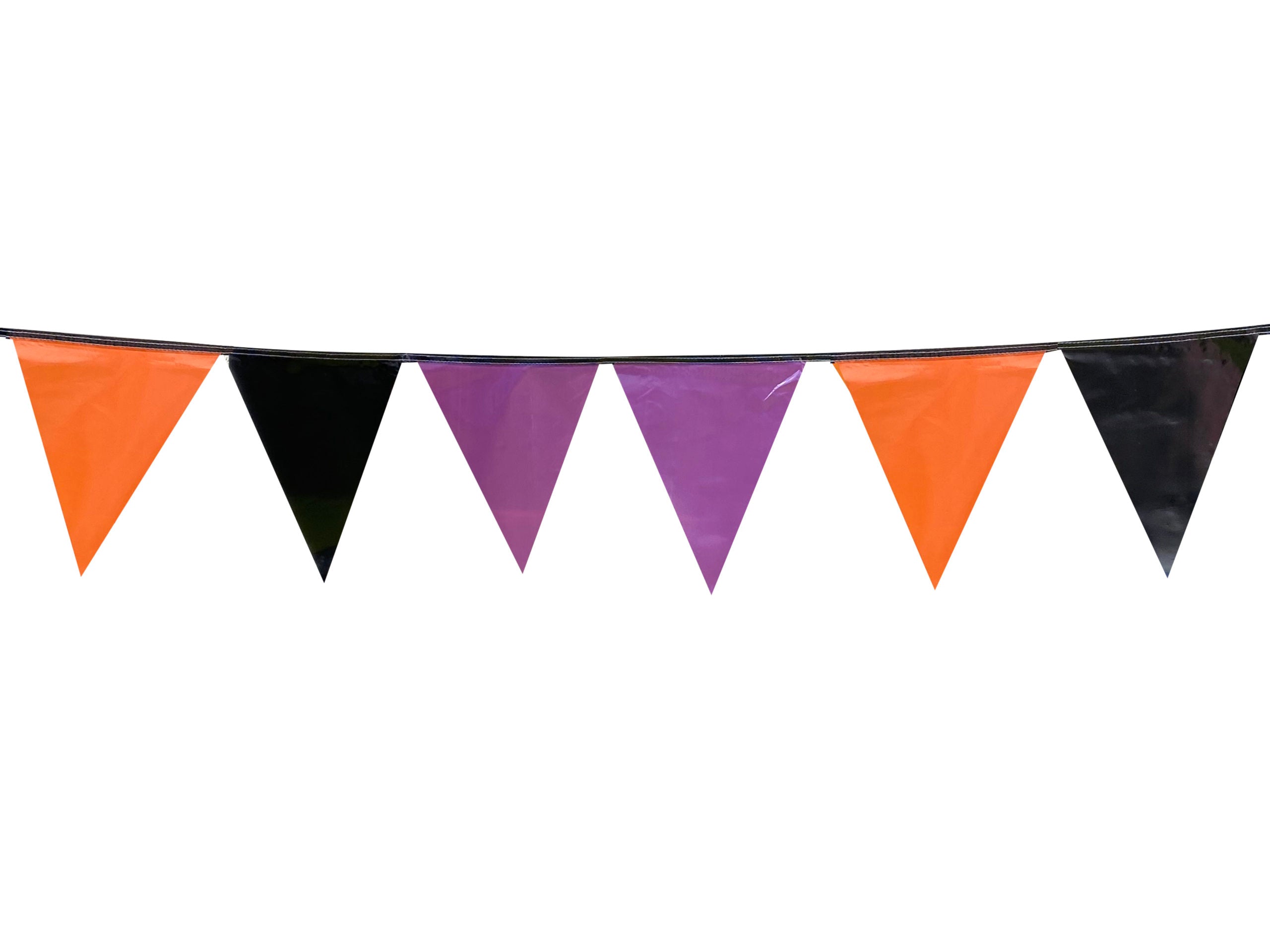 Tira de banderines triangulares para día de muertos o halloween en colores negro, naranja y morado con patrón salteado, guía de rafia negra, ideal para decoración de fiestas, negocios, ofrendas, y espacios interiores o exteriores, largo total 50m.
