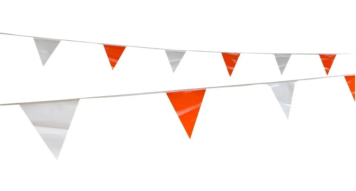 Banderines triangulares para seguridad en construcción, 50 metros de largo, con separación de 28 cm entre banderines en colores naranja y blanco