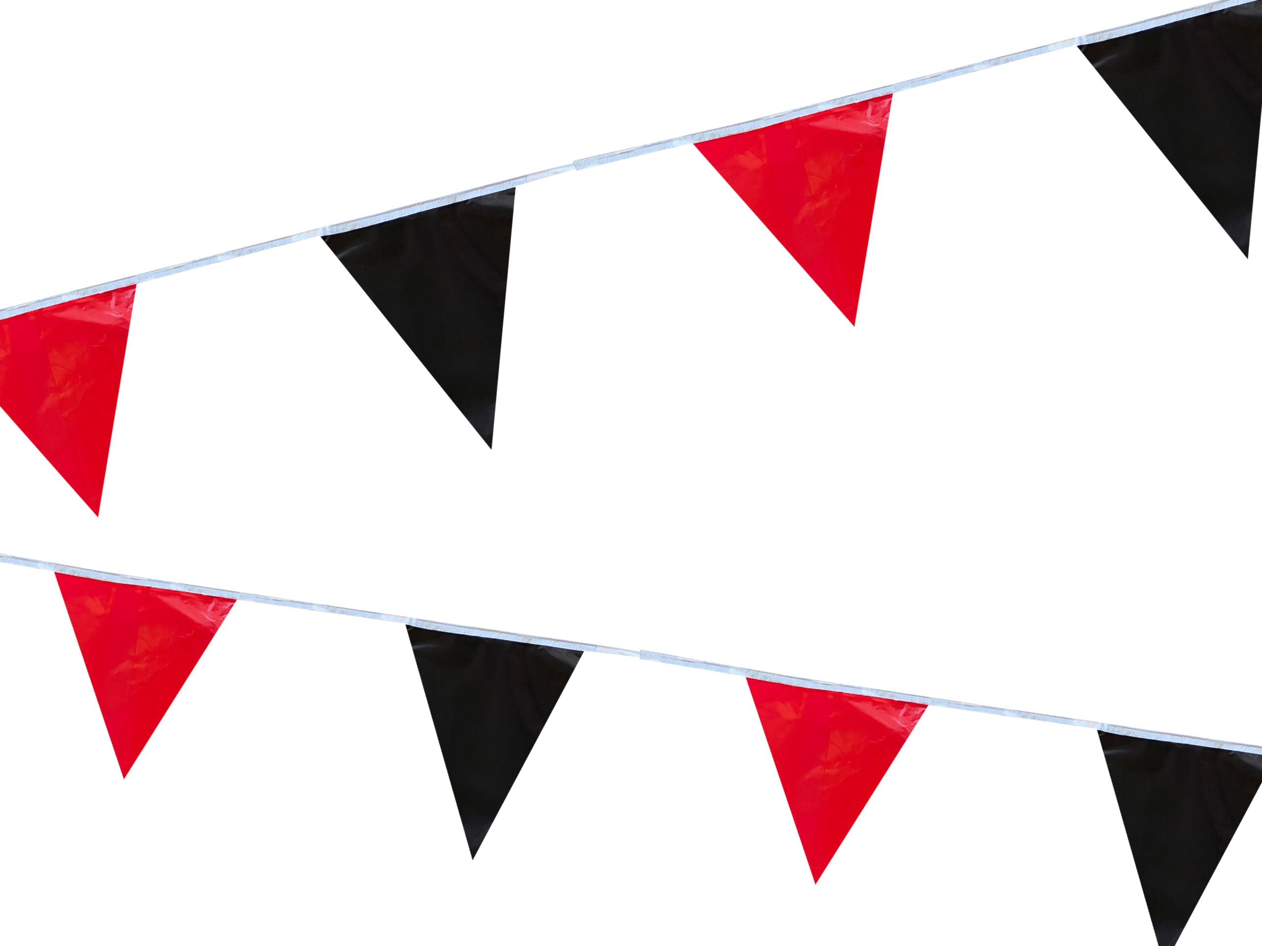 Tira de banderines triangulares intercalados rojo y negro con guía de rafia blanca, ideal para decoración de eventos, fiestas, exposiciones, tiendas y más, apto para exteriores.