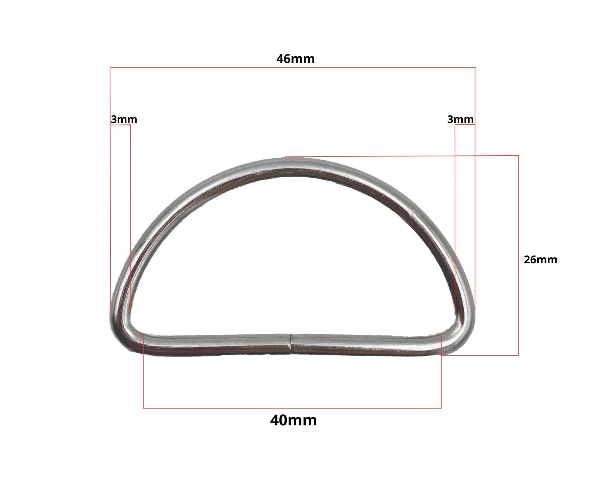 Media argolla fija metálica de 40 mm con acabado níquel, calibre 3 mm. Ideal para confección, proyectos industriales y manualidades. Material resistente y funcional.