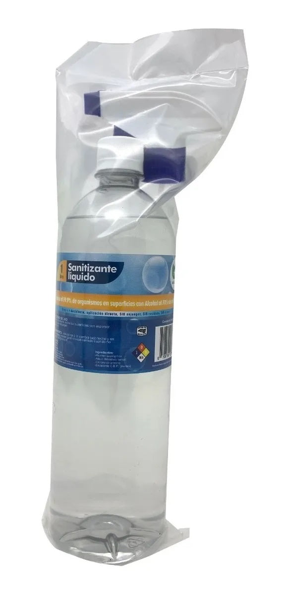 Paquete con 20 piezas de 1 litro de solución líquida desinfectante y desengrasante, libre de perfume y colorante, con aspersor y sello de garantía. Elimina bacterias, virus y gérmenes en superficies, ideal para hogares, oficinas, hospitales y más.