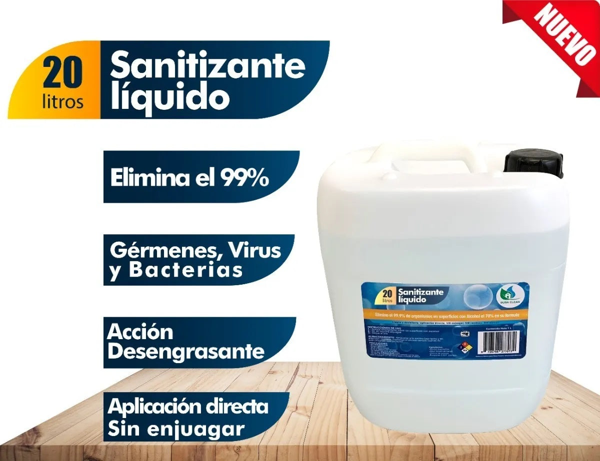 Solución líquida desinfectante y desengrasante en bidón de 20 litros, elimina bacterias y virus, ideal para múltiples superficies de hogar y oficina.