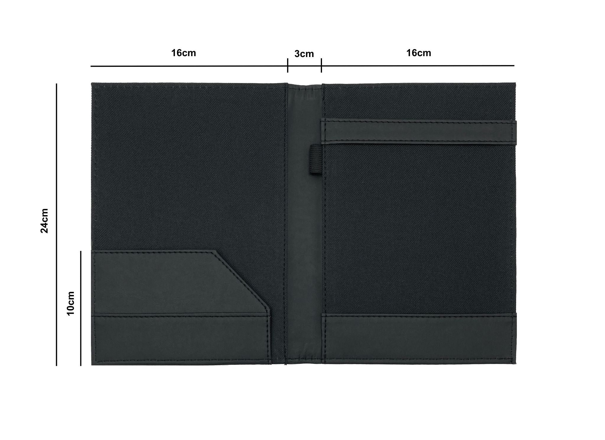 Carpeta porta block tamaño media carta, exterior curpiel con detalle curvo, forro interior en tela poliéster, con solapa para papeles, doble tarjetero, porta pluma y tapa acolchonada. Ideal para grabado en seco, hot stamping, grabado láser y serigrafía. Color negro.