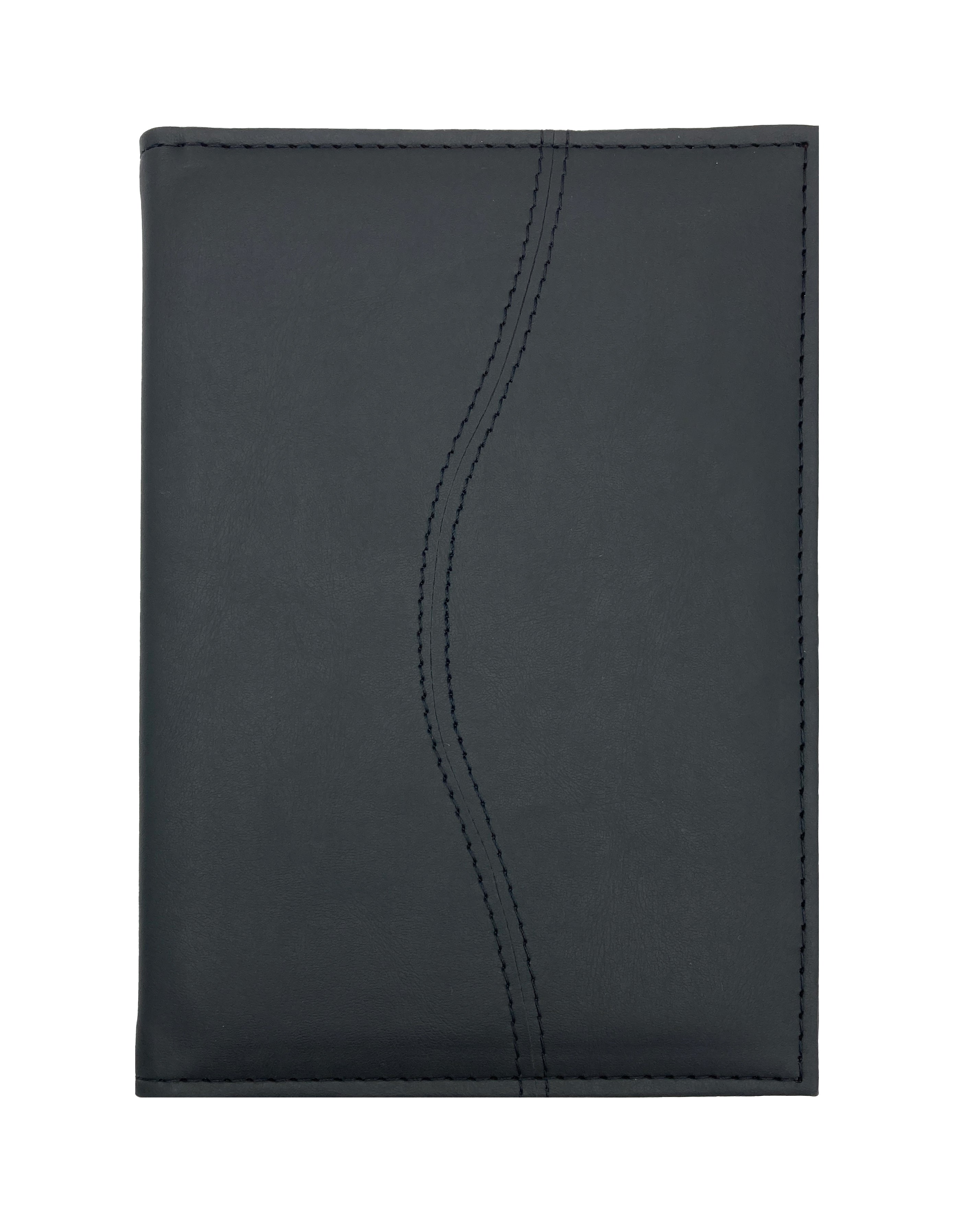 Carpeta porta block tamaño media carta, exterior curpiel con detalle curvo, forro interior en tela poliéster, con solapa para papeles, doble tarjetero, porta pluma y tapa acolchonada. Ideal para grabado en seco, hot stamping, grabado láser y serigrafía. Color negro.
