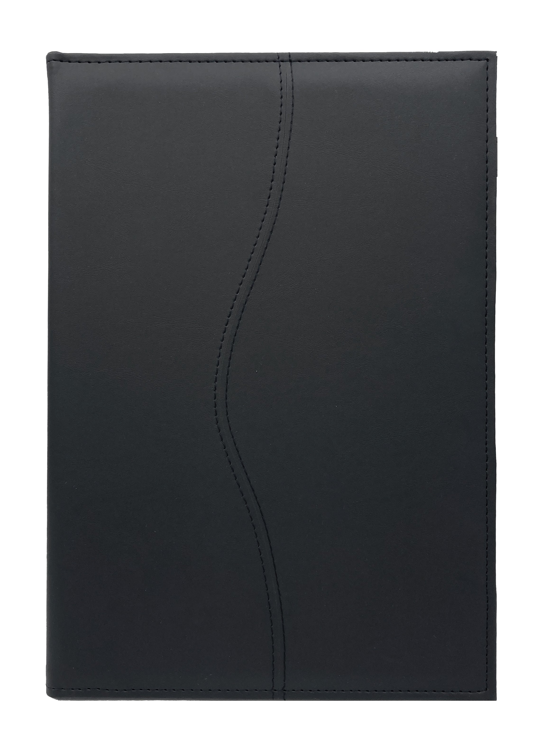 Carpeta ejecutiva tamaño oficio en curpiel, color negro. Diseño con portada curva, solapa, doble tarjetero y porta pluma de resorte. Acolchonada y resistente, acepta hojas tamaño oficio de 34x21.5 cm y hasta 50 hojas Bond. Ideal para personalización con grabado en seco, hot stamping, láser o serigrafía. Perfecta para eventos académicos, corporativos y entrega de documentación.