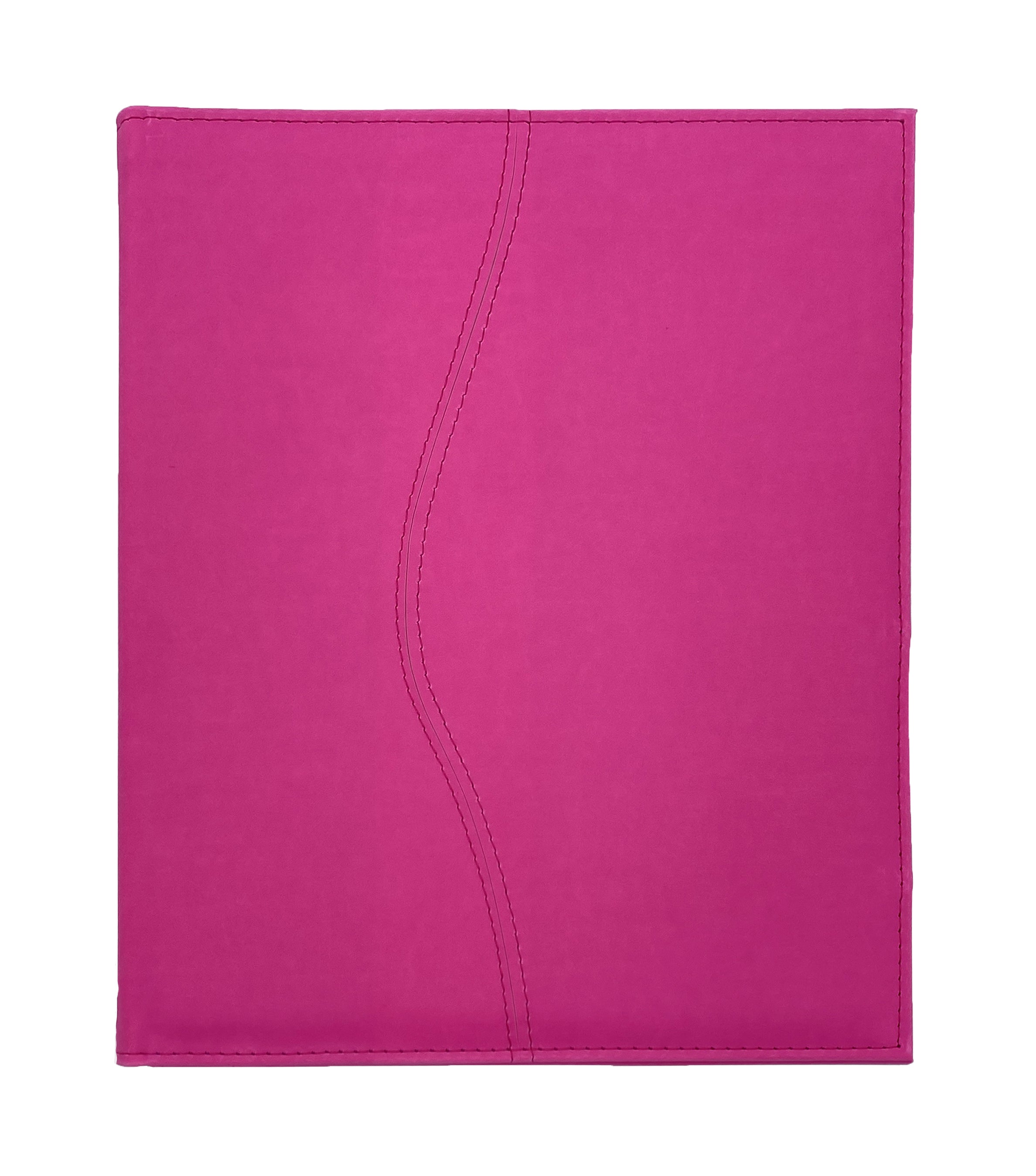 Carpeta Porta Block para hojas tamaño carta, fabricada en curpiel con detalle curvo en portada y forro interior de tela poliéster. Incluye solapa para papeles, doble tarjetero y porta pluma. Acepta hasta 50 hojas tamaño carta. Ideal para eventos corporativos y académicos como congresos, conferencias, talleres, y promociones. Color fucsia.