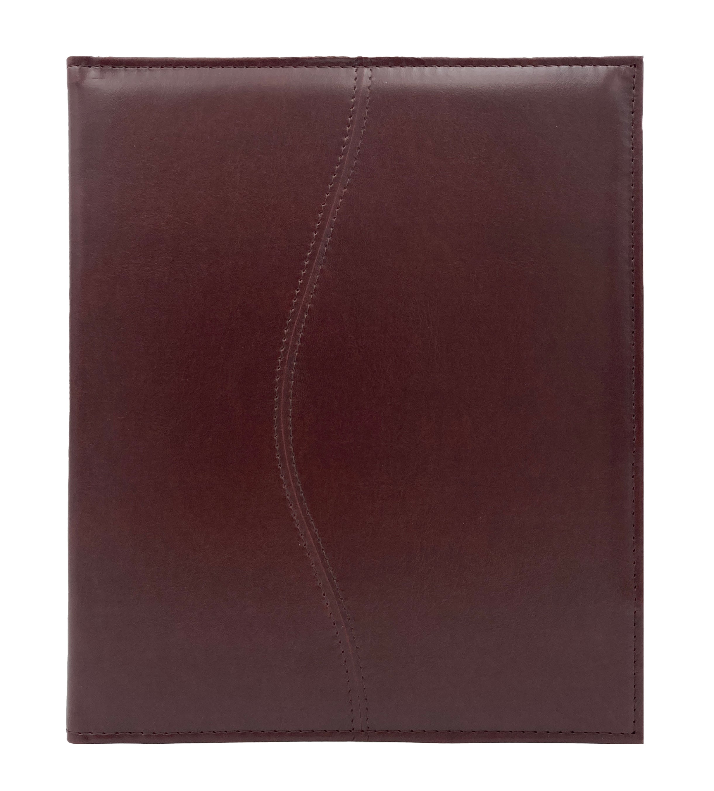 Carpeta Porta Block para hojas tamaño carta, fabricada en curpiel con detalle curvo en portada y forro interior de tela poliéster. Incluye solapa para papeles, doble tarjetero y porta pluma. Acepta hasta 50 hojas tamaño carta. Ideal para eventos corporativos y académicos como congresos, conferencias, talleres, y promociones. Color miel.