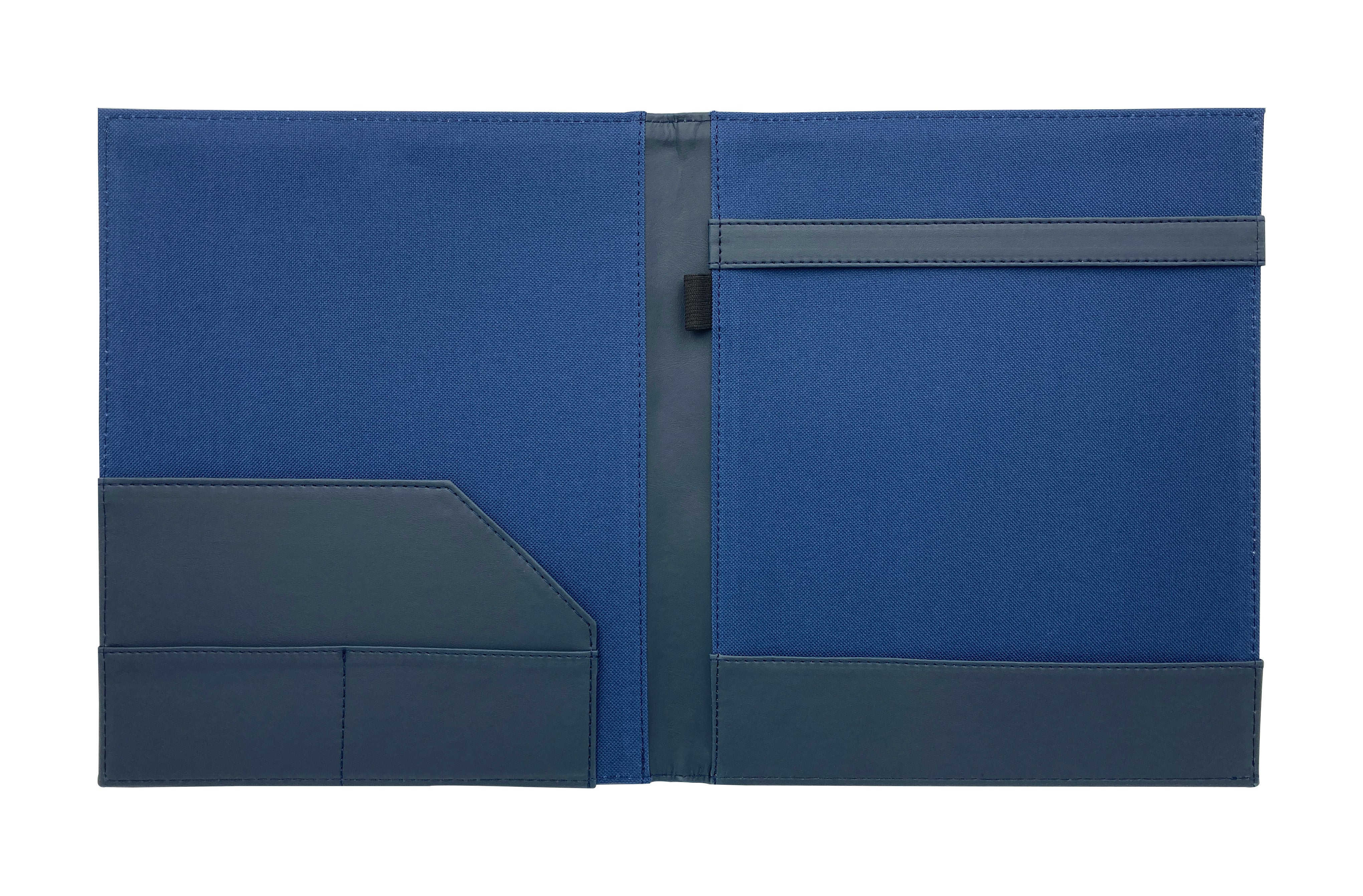 Carpeta Porta Block para hojas tamaño carta, fabricada en curpiel con detalle curvo en portada y forro interior de tela poliéster. Incluye solapa para papeles, doble tarjetero y porta pluma. Acepta hasta 50 hojas tamaño carta. Ideal para eventos corporativos y académicos como congresos, conferencias, talleres, y promociones. Color azul.