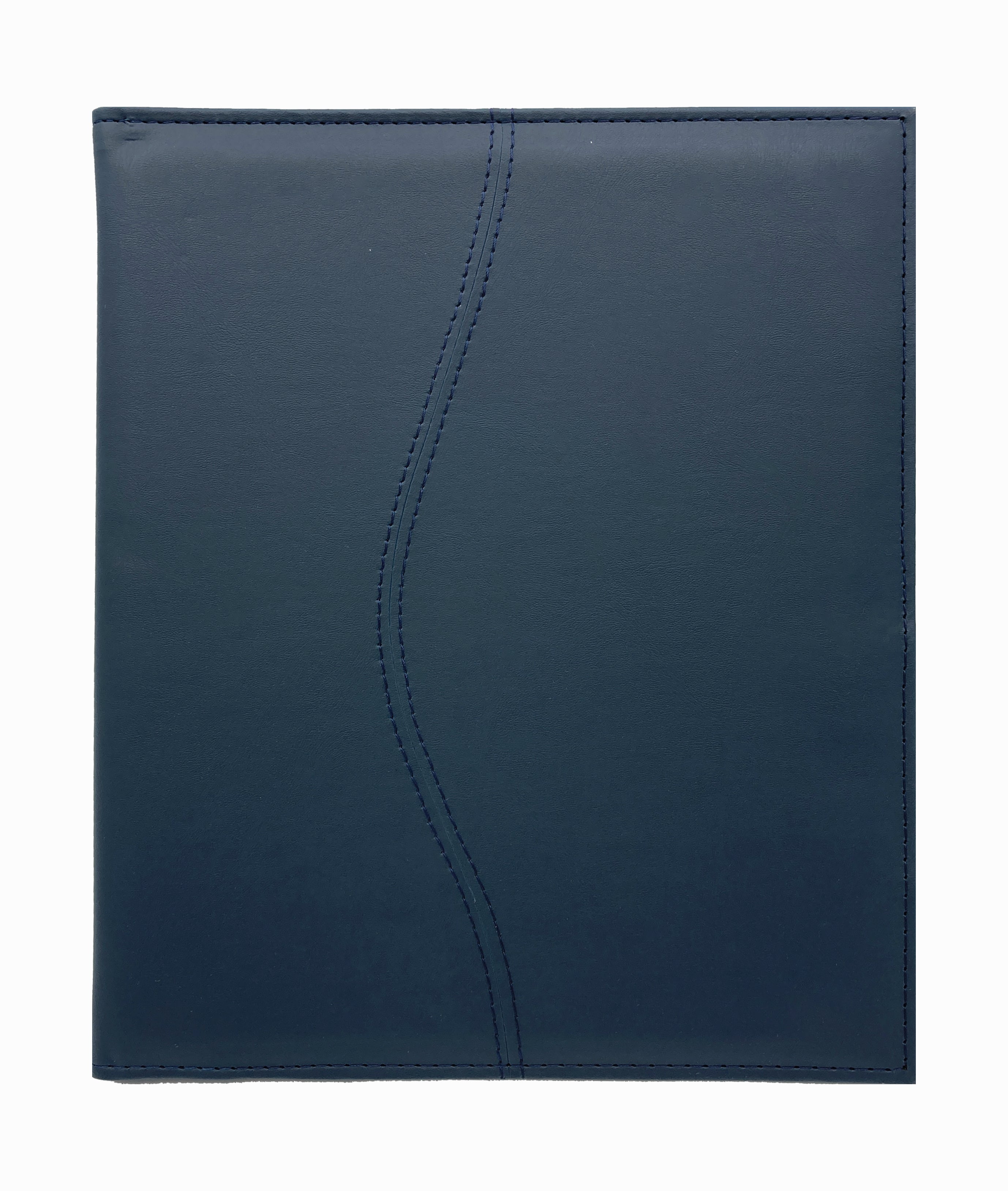 Carpeta Porta Block para hojas tamaño carta, fabricada en curpiel con detalle curvo en portada y forro interior de tela poliéster. Incluye solapa para papeles, doble tarjetero y porta pluma. Acepta hasta 50 hojas tamaño carta. Ideal para eventos corporativos y académicos como congresos, conferencias, talleres, y promociones. Color azul.