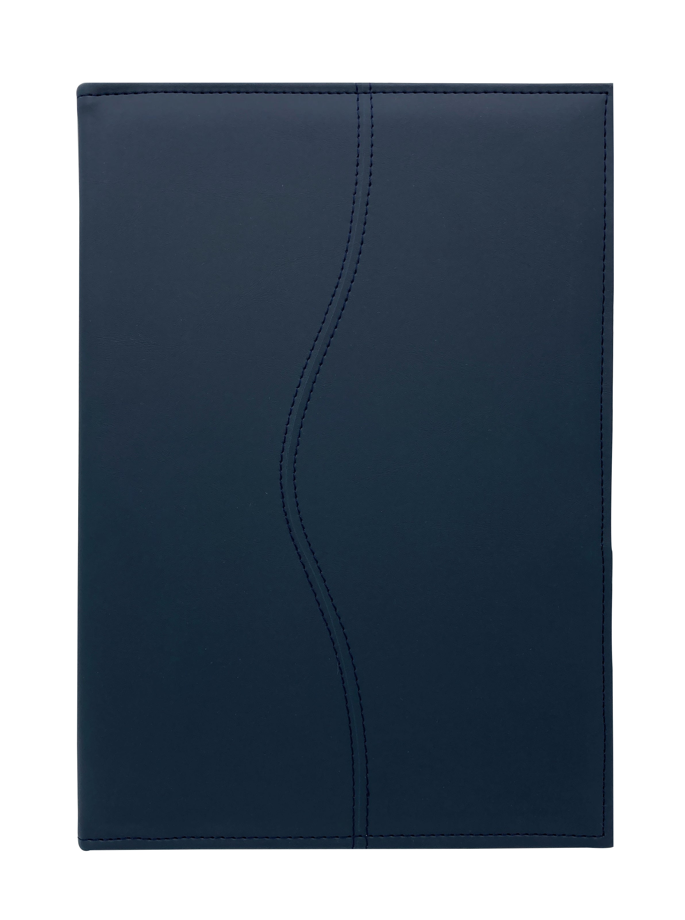 Carpeta ejecutiva tamaño oficio en curpiel, color azul. Diseño con portada curva, solapa, doble tarjetero y porta pluma de resorte. Acolchonada y resistente, acepta hojas tamaño oficio de 34x21.5 cm y hasta 50 hojas Bond. Ideal para personalización con grabado en seco, hot stamping, láser o serigrafía. Perfecta para eventos académicos, corporativos y entrega de documentación.