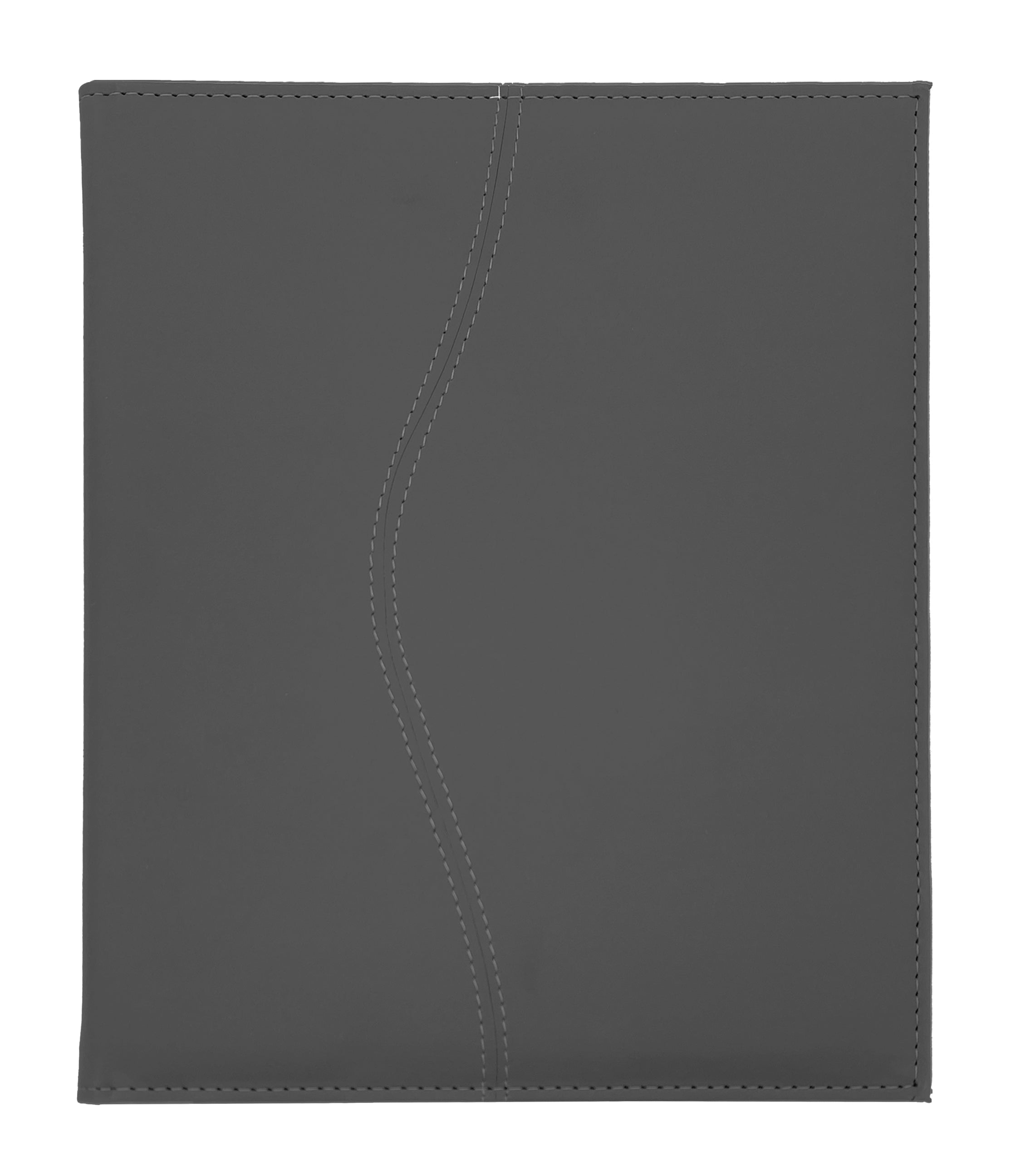Carpeta Porta Block para hojas tamaño carta, fabricada en curpiel con detalle curvo en portada y forro interior de tela poliéster. Incluye solapa para papeles, doble tarjetero y porta pluma. Acepta hasta 50 hojas tamaño carta. Ideal para eventos corporativos y académicos como congresos, conferencias, talleres, y promociones. Color gris.