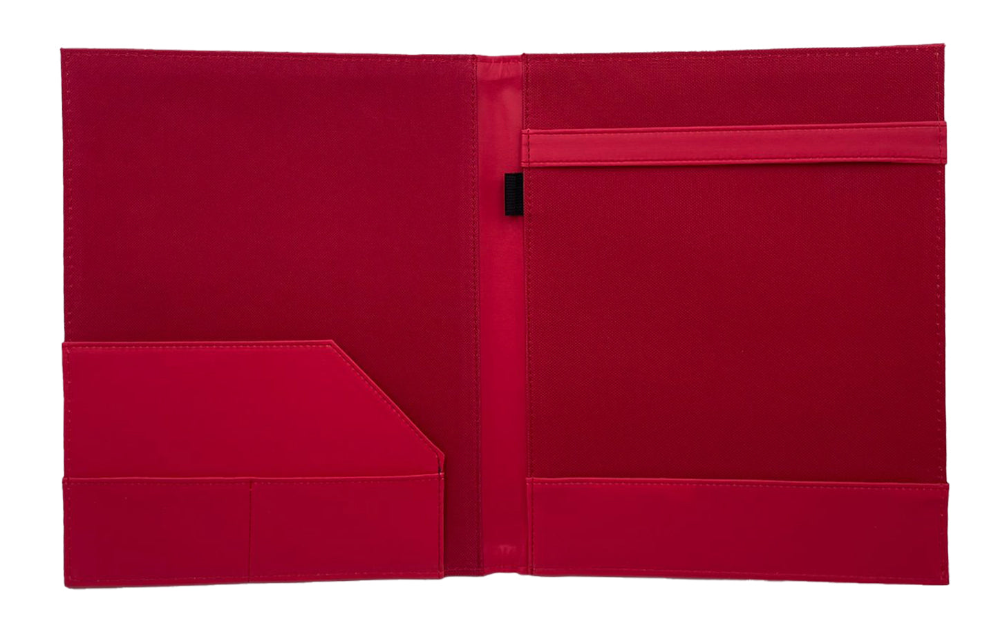 Carpeta Porta Block para hojas tamaño carta, fabricada en curpiel con detalle curvo en portada y forro interior de tela poliéster. Incluye solapa para papeles, doble tarjetero y porta pluma. Acepta hasta 50 hojas tamaño carta. Ideal para eventos corporativos y académicos como congresos, conferencias, talleres, y promociones. Color rojo.