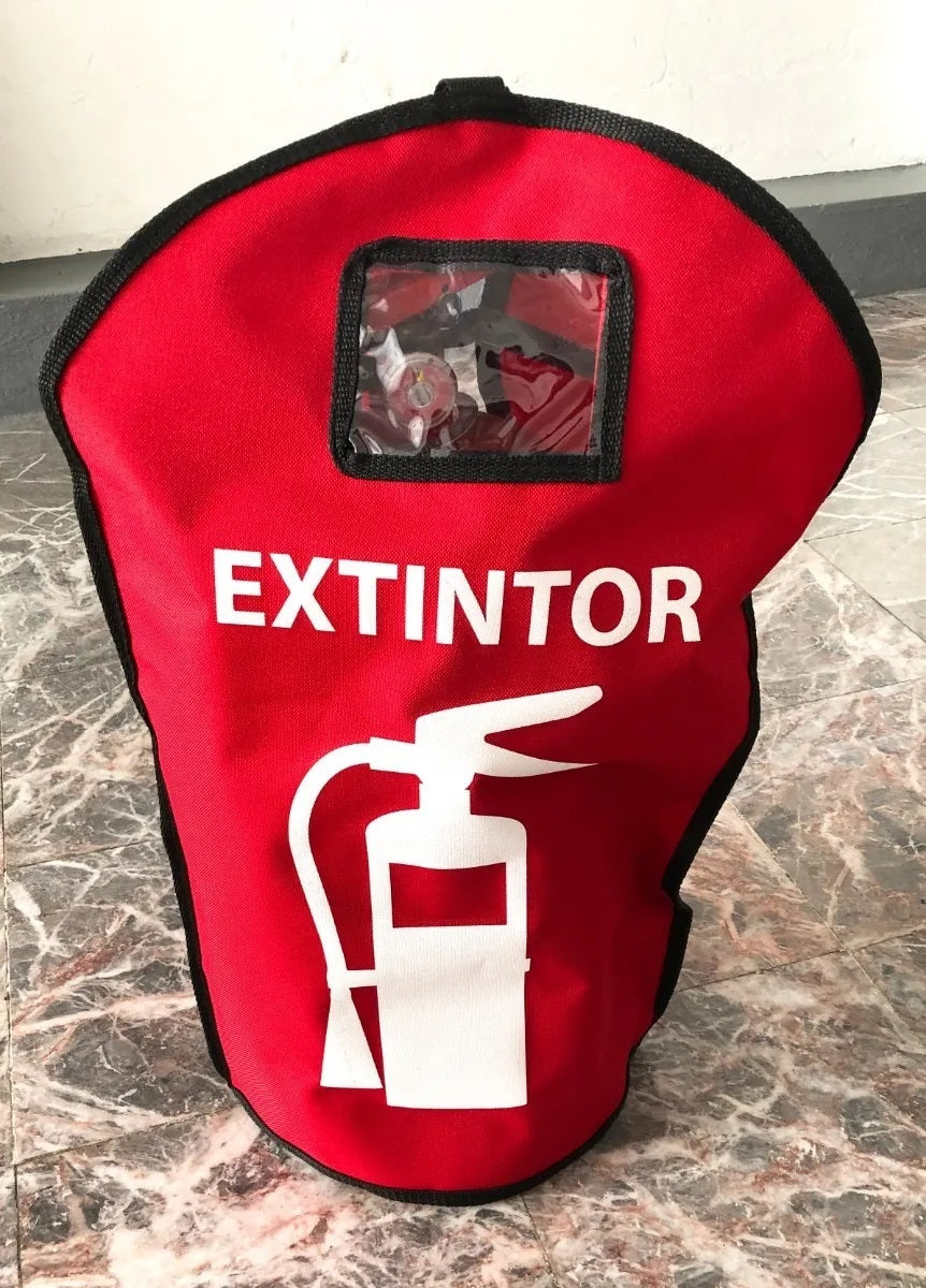Funda protectora para extintores, fabricada en tela poliéster impermeable con ventana transparente para ver el medidor, ideal para exteriores, con capacidad para cilindros de hasta 25 cm de diámetro y 75 cm de altura.