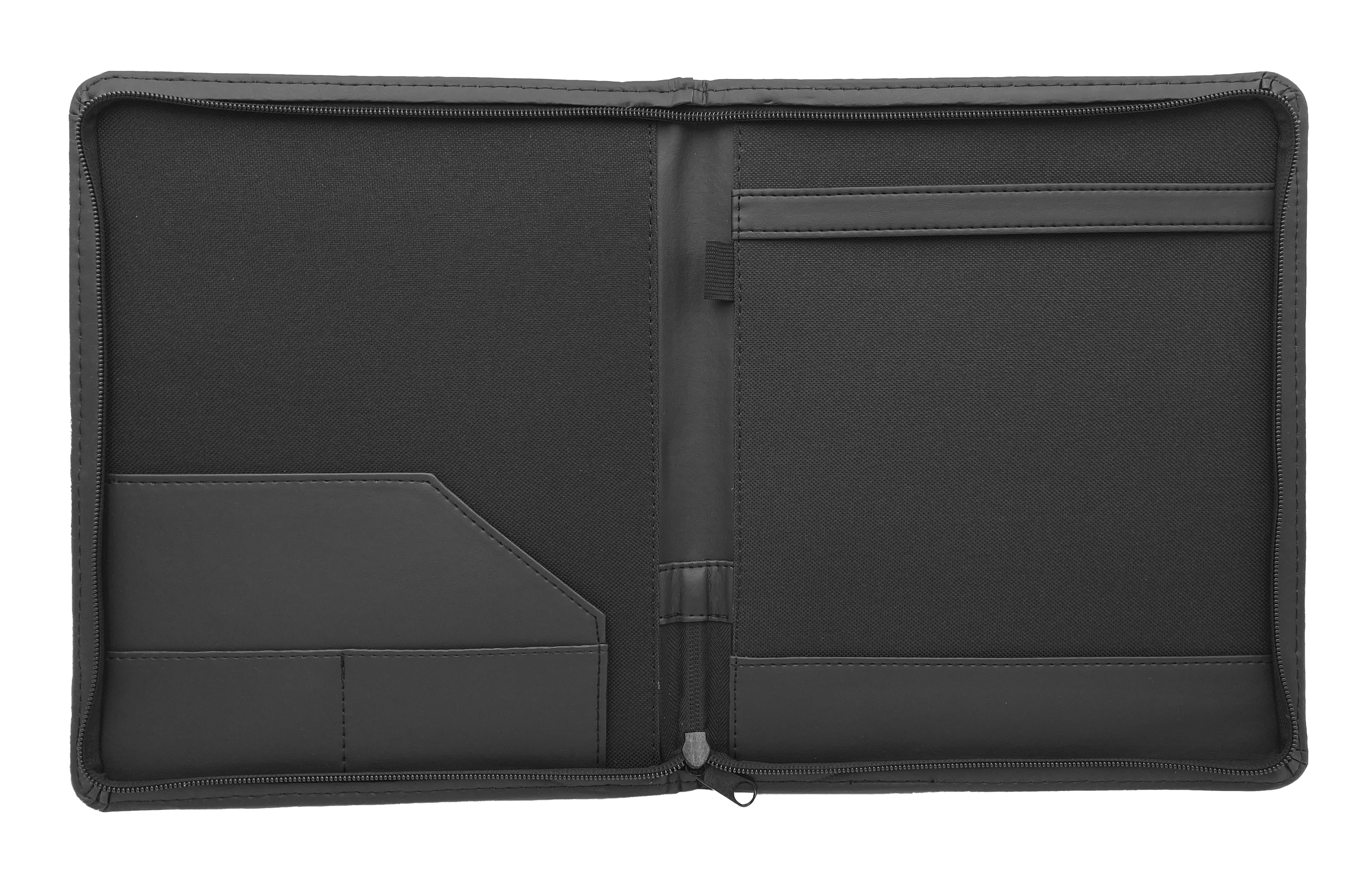 Carpeta ejecutiva tamaño carta en curpiel negro, con cierre perimetral, portablock, porta pluma y doble tarjetero. Material exterior de imitación piel y forro interior de poliéster. Medidas de 24 x 30 cm con capacidad para 50 hojas tamaño carta. Ideal para personalización con grabado en seco, hot stamping, láser o serigrafía. Perfecta para congresos, talleres, diplomados, conferencias y eventos corporativos.