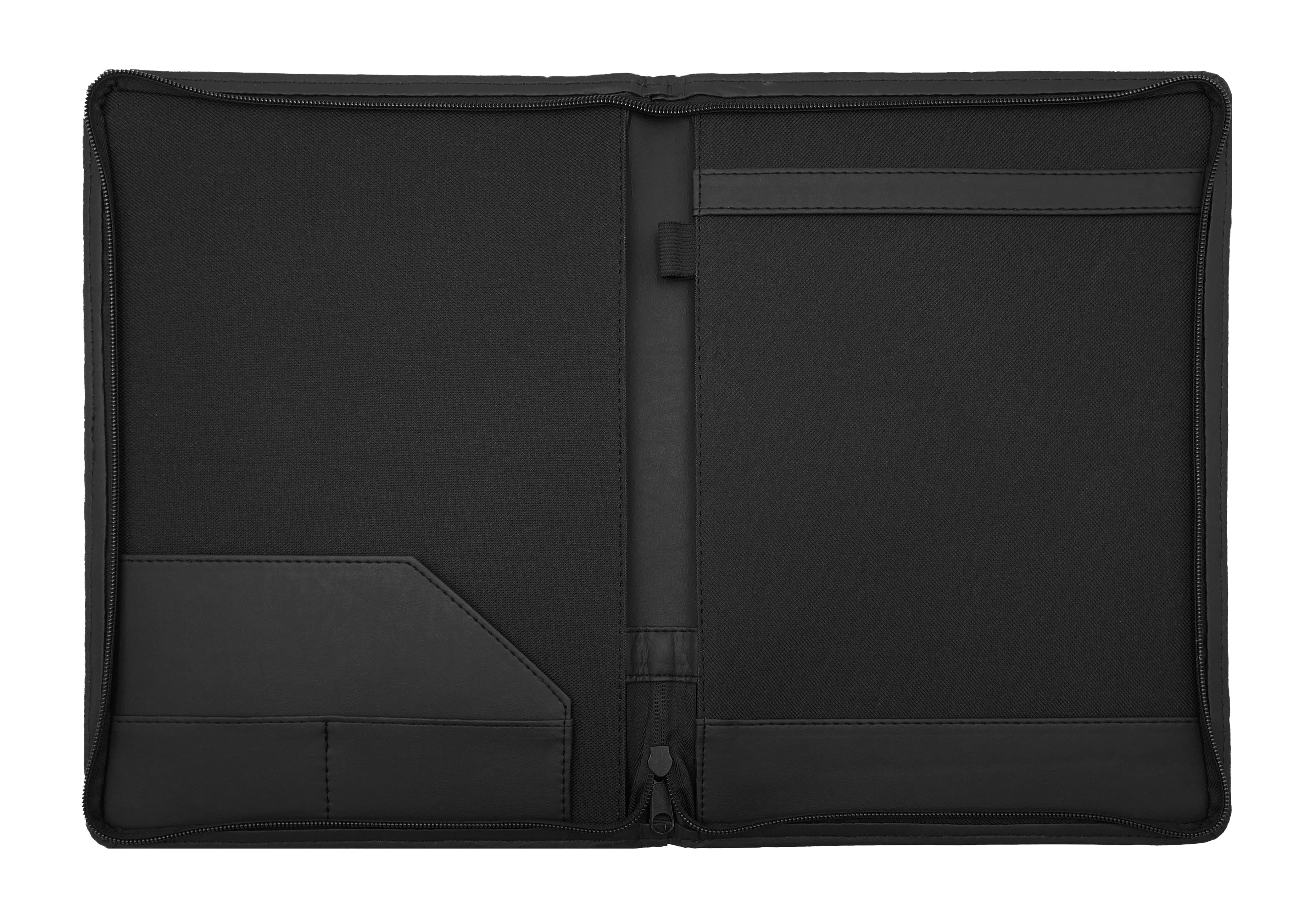 Carpeta ejecutiva de curpiel en color negro, tamaño oficio. Ideal para congresos, talleres, diplomados, cursos y eventos corporativos. Incluye portablock, portapluma, papelera con bolsillos portatarjetas. Materiales de alta calidad, resistente, fabricada en México, con opciones para personalización mediante grabado en seco, hot stamping, láser o serigrafía. Entrega inmediata y facturación disponible.