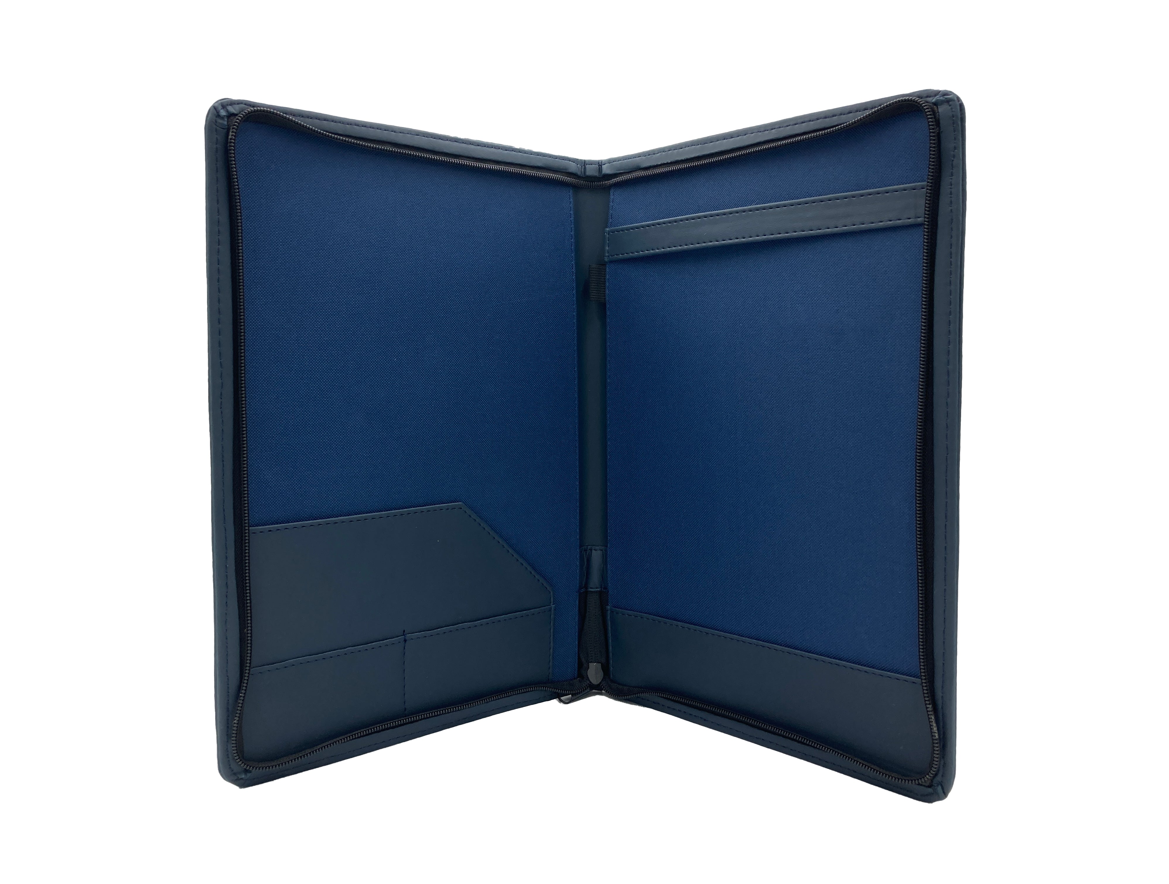 Carpeta ejecutiva de curpiel en color azul, tamaño oficio. Ideal para congresos, talleres, diplomados, cursos y eventos corporativos. Incluye portablock, portapluma, papelera con bolsillos portatarjetas. Materiales de alta calidad, resistente, fabricada en México, con opciones para personalización mediante grabado en seco, hot stamping, láser o serigrafía. Entrega inmediata y facturación disponible.
