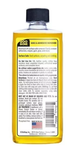 Goo Gone gel de 237 ml, removedor de manchas pegajosas, ideal para eliminar adhesivos, grasa, pintura y más de superficies duras, alfombras y vestimenta, con aceites cítricos