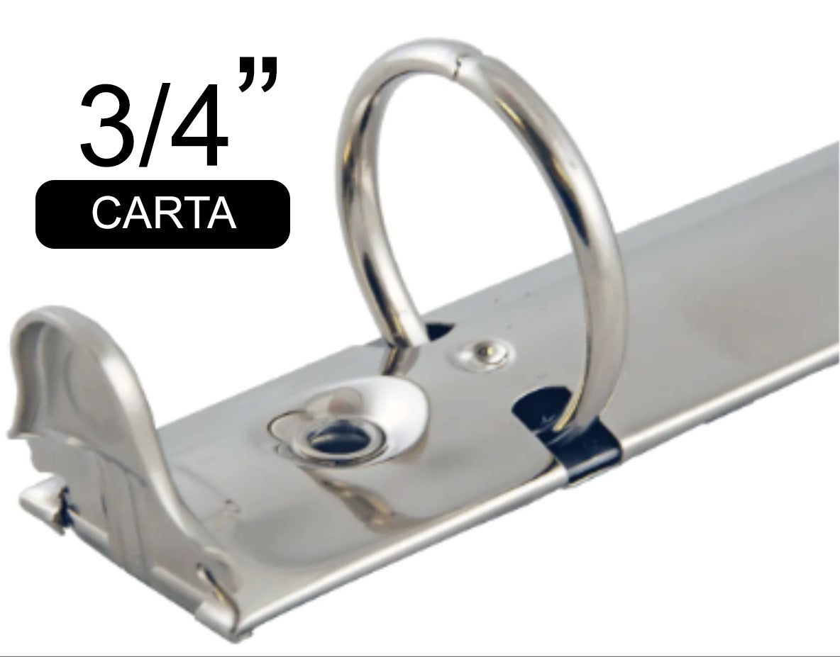 Herraje tamaño carta de 280 mm con tres argollas circulares de 3/4 de pulgada de diámetro, con palancas, base de 20 mm, acabado níquel, y capacidad para 150 hojas. Herraje tamaño carta de 280 mm con tres argollas circulares de 3/4 de pulgada de diámetro, con palancas, base de 20 mm, acabado níquel, y capacidad para 150 hojas.