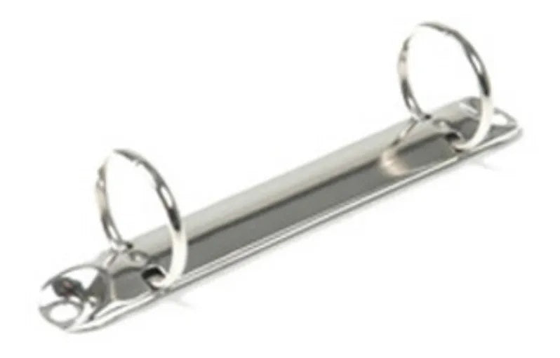 Herraje tamaño especial de dos argollas circulares con diámetro de 1 pulgada y separación de 8 cm. Acabado níquel plateado, base de 17 mm angosta y capacidad para 200 hojas. Empaque de 20 piezas