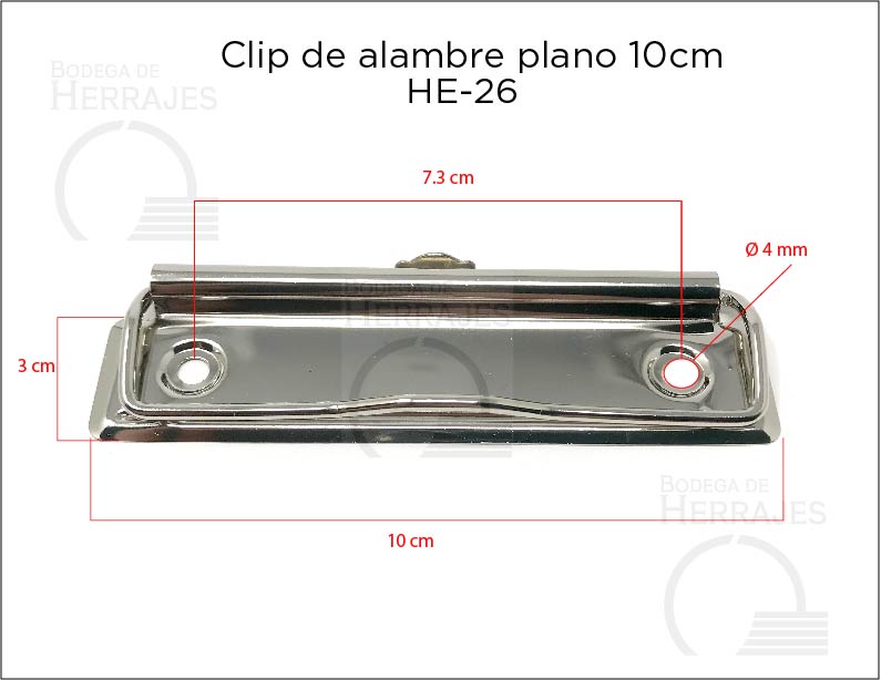 Clip sujetador metálico de 10 cm con alambre plano de presión, ojillo retráctil para colgar, terminado niquelado (plata), ideal para carpetas, tableros y menús.