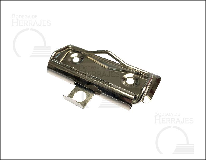 Clip sujetador metálico de 10 cm con alambre plano de presión, ojillo retráctil para colgar, terminado niquelado (plata), ideal para carpetas, tableros y menús.
