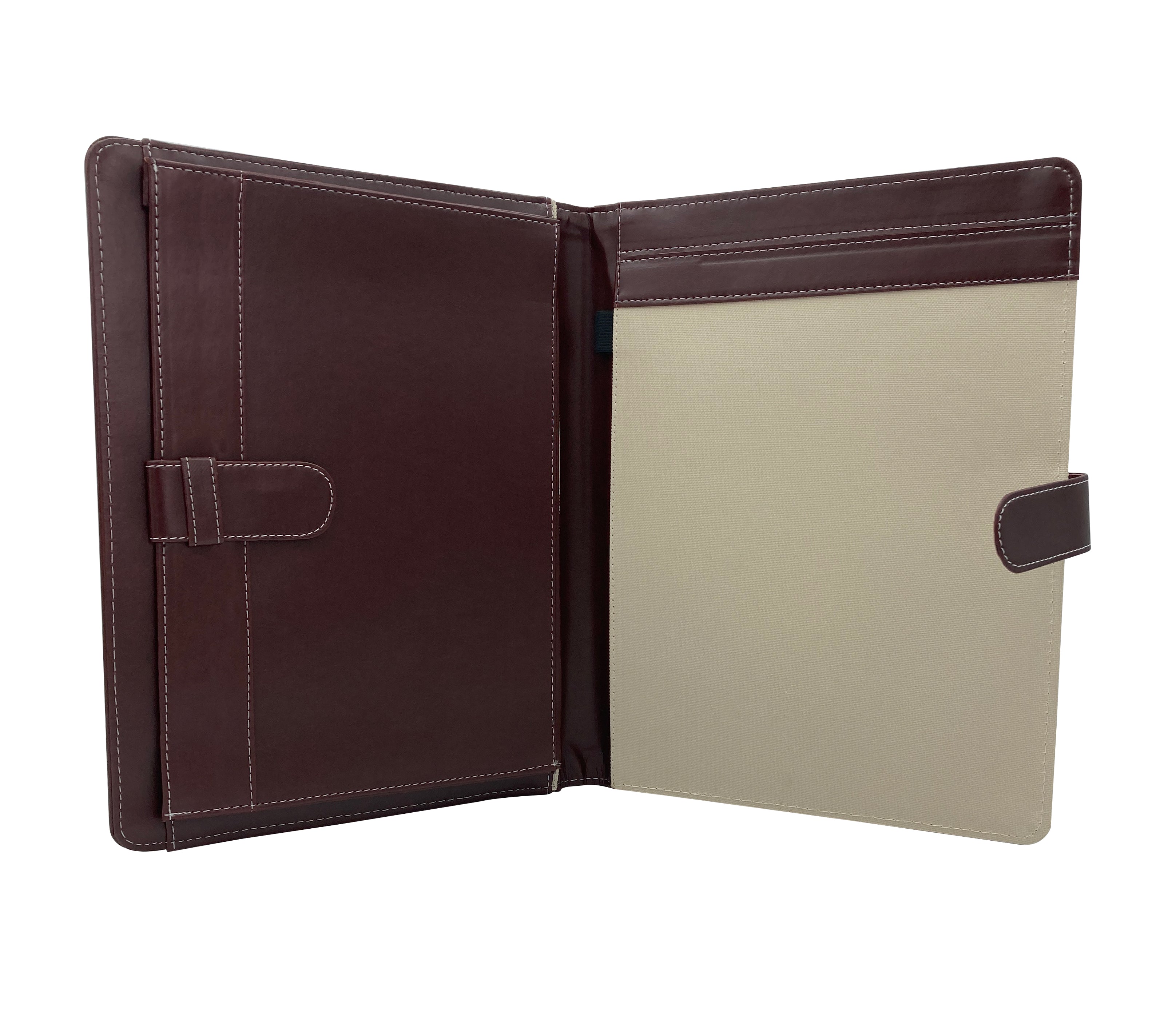 Carpeta Ejecutiva Oficio con bolsillo, portablock y lengüeta, fabricada en curpiel con detalles en lomo y lengüeta. Interior con bolsillo fuelle, porta pluma y forro de tela poliéster. Ideal para hojas tamaño oficio, con broche de floreta y tapas acolchonadas. Color miel. Perfecta para eventos académicos y corporativos como congresos y conferencias.