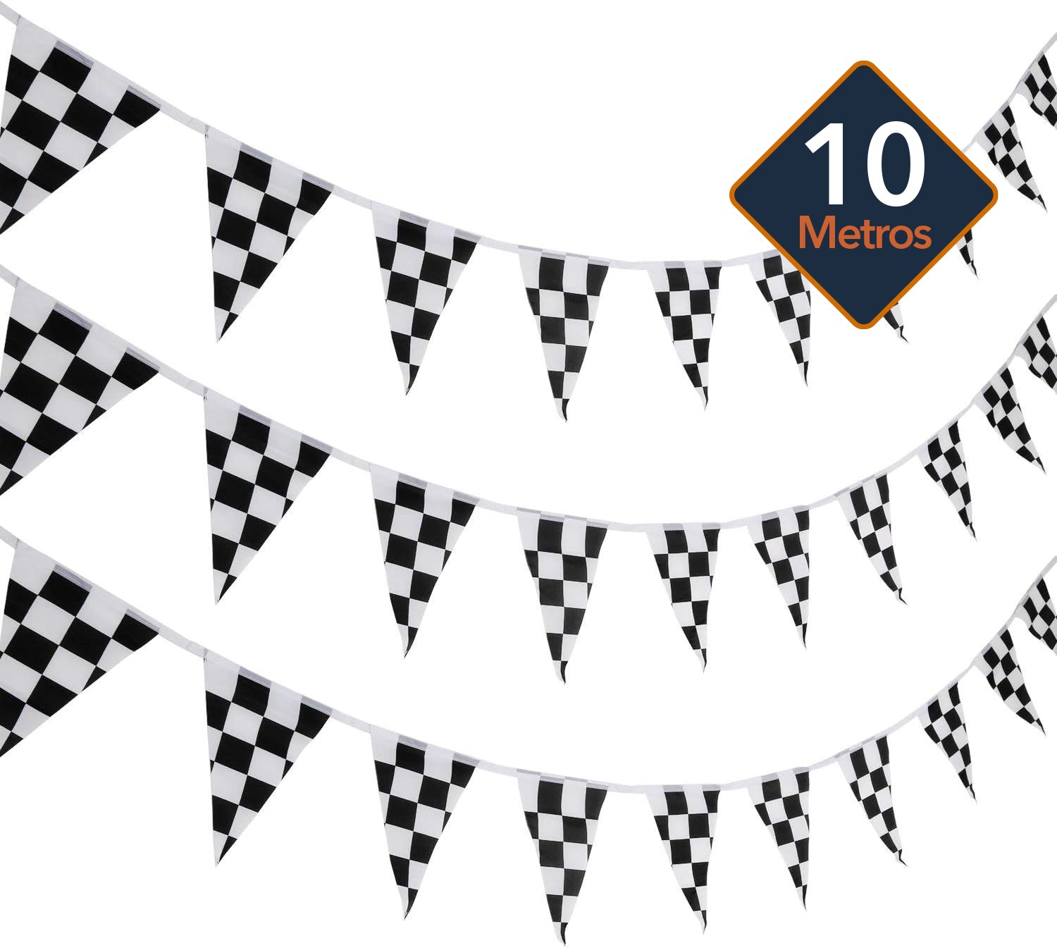 Tira de banderines triangulares impresos a cuadros negros tipo carreras, fabricados en plástico polietileno resistente con guía de rafia blanca. Perfectos para eventos deportivos, fiestas y cumpleaños.