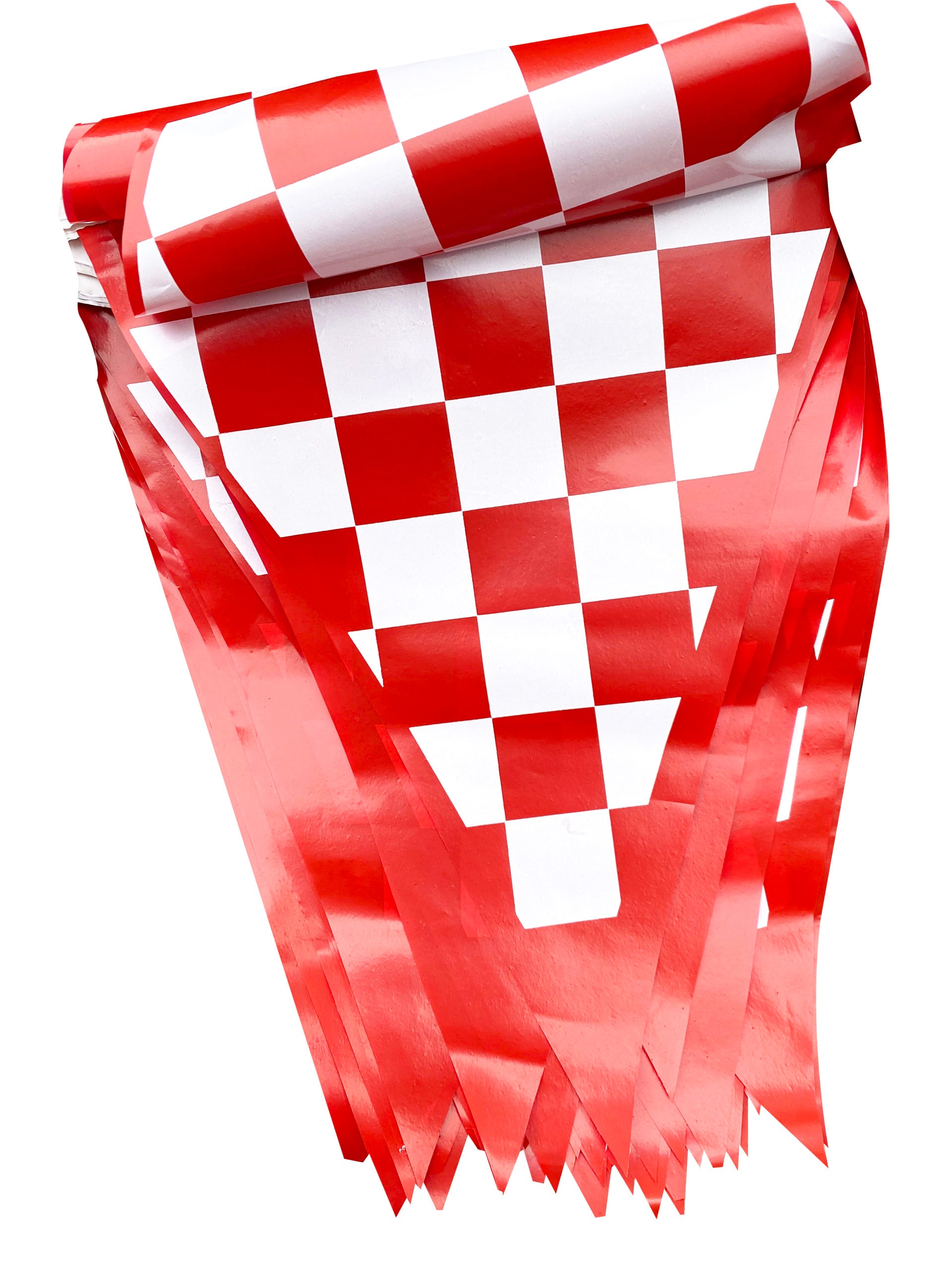 Tira de banderín de plástico polietileno de 50 metros con diseño impreso a cuadros rojos y blancos, ideal para eventos deportivos y decoración de fiestas, con 85 banderines de 34 cm de largo y 28 cm de ancho, apta para exteriores.