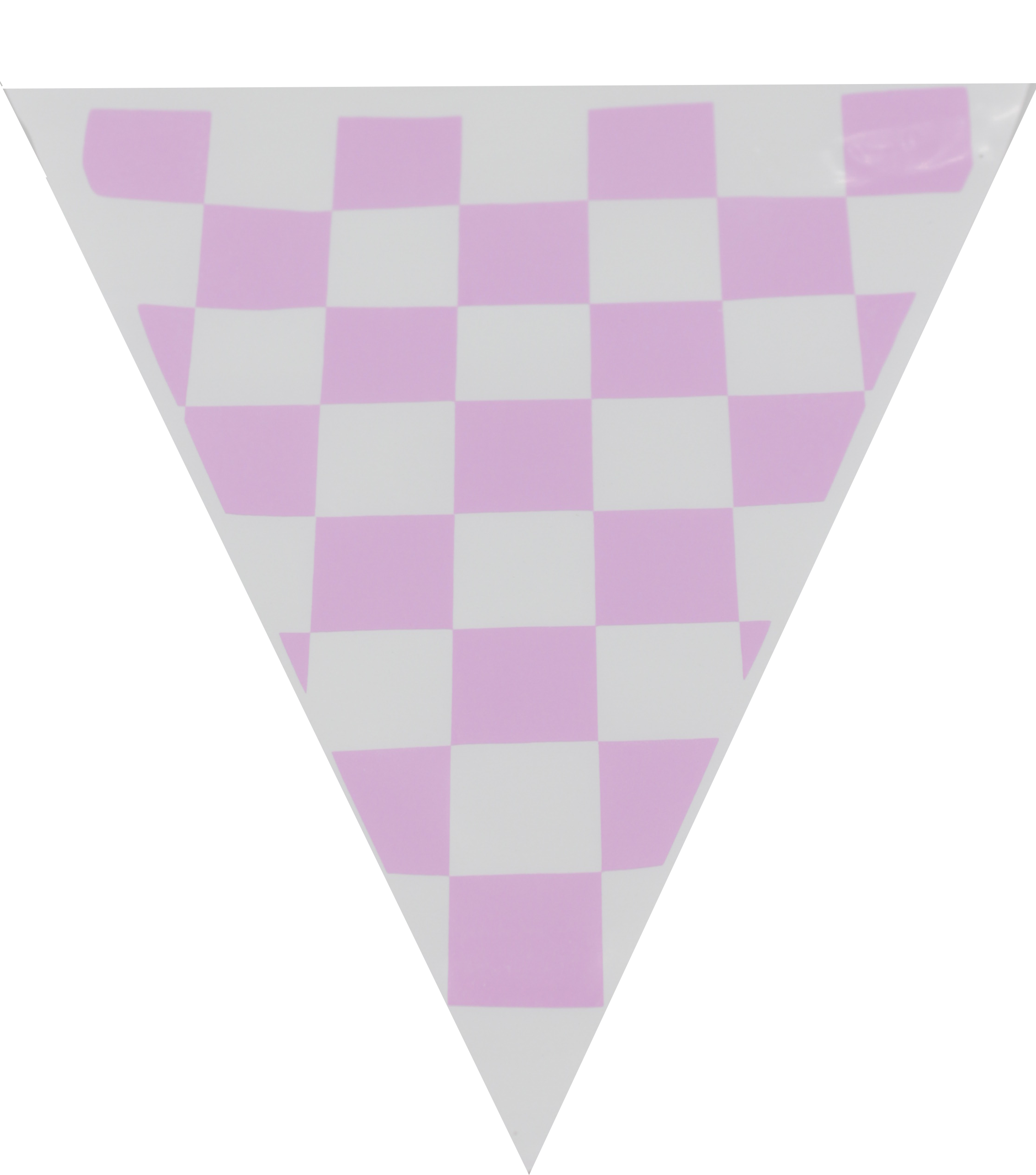 Tira de banderines triangulares impresos a cuadros rosa pastel tipo carreras, fabricados en plástico polietileno resistente con guía de rafia blanca. Perfectos para eventos deportivos, fiestas y cumpleaños.