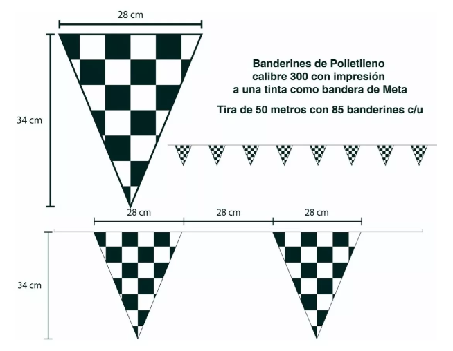 Tira de banderín de plástico polietileno de 50 metros con diseño impreso a cuadros negros, ideal para eventos deportivos y decoración de fiestas, con 85 banderines de 34 cm de largo y 28 cm de ancho, apta para exteriores.