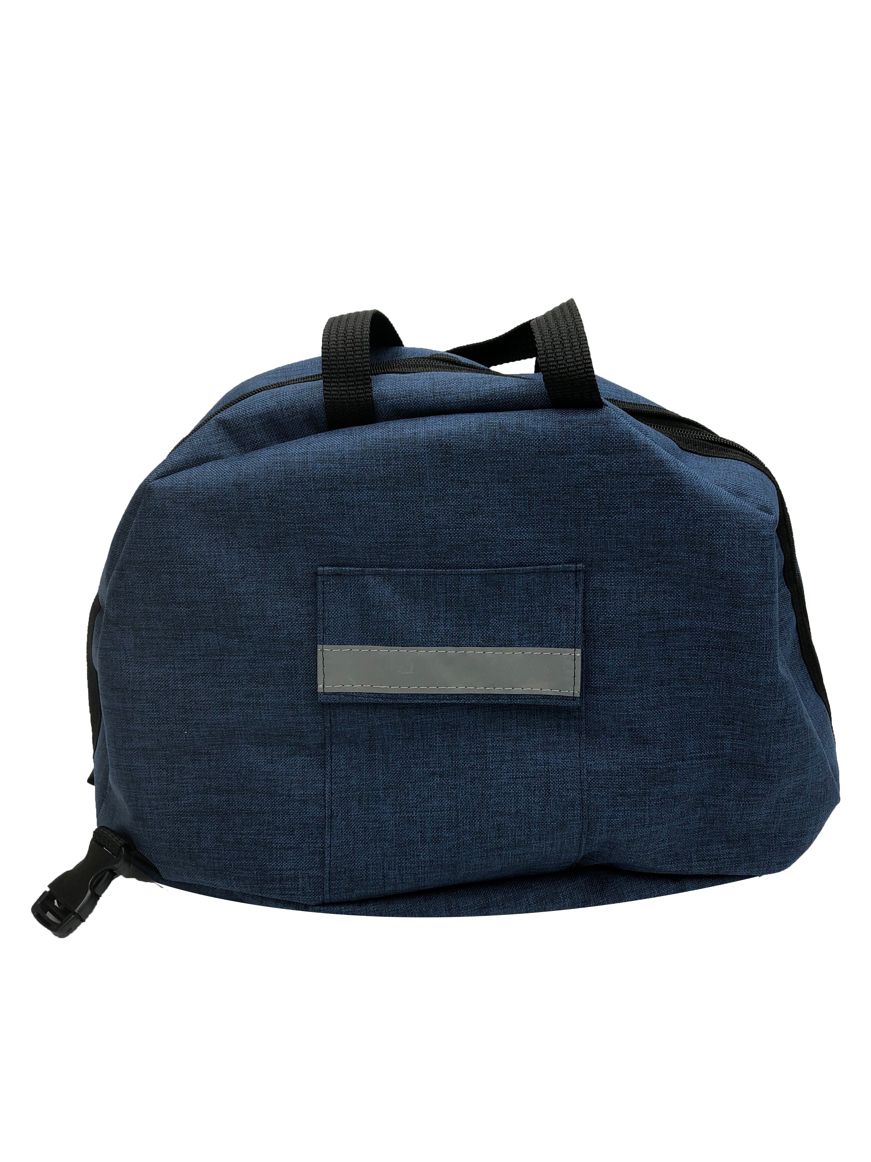 Funda para casco de motocicleta impermeable a salpicaduras, acolchonada y con forro suave para evitar rayones. Compatible con todos los tamaños y modelos de casco (S a XXXL, jet, completo, enduro). Incluye asas superiores, correa tipo mochila y bolsillo exterior con cinta reflejante. Disponible en negro, azul, gris y rojo. Hecho en México con materiales de alta calidad.