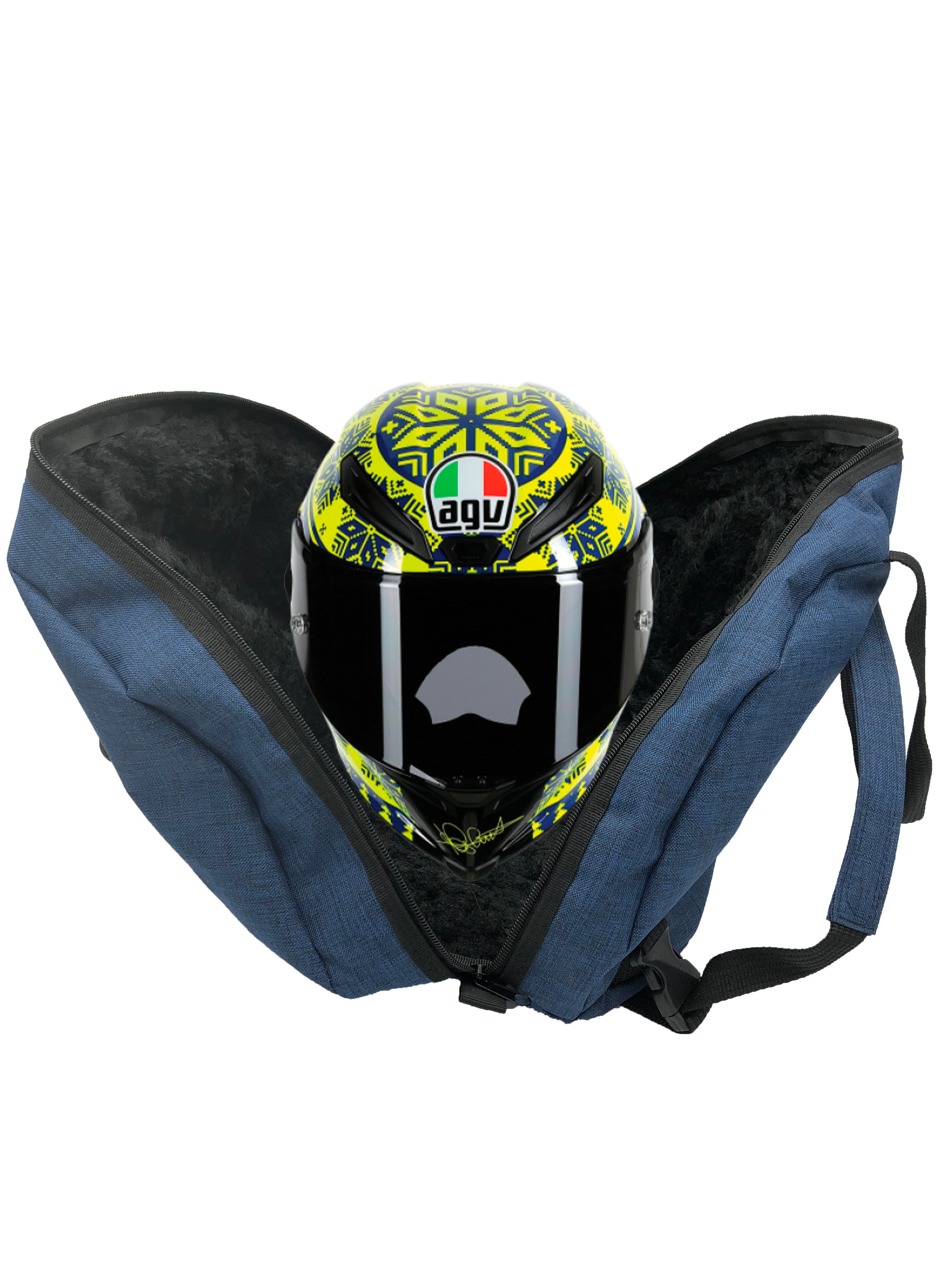 Funda para casco de motocicleta impermeable a salpicaduras, acolchonada y con forro suave para evitar rayones. Compatible con todos los tamaños y modelos de casco (S a XXXL, jet, completo, enduro). Incluye asas superiores, correa tipo mochila y bolsillo exterior con cinta reflejante. Disponible en negro, azul, gris y rojo. Hecho en México con materiales de alta calidad.