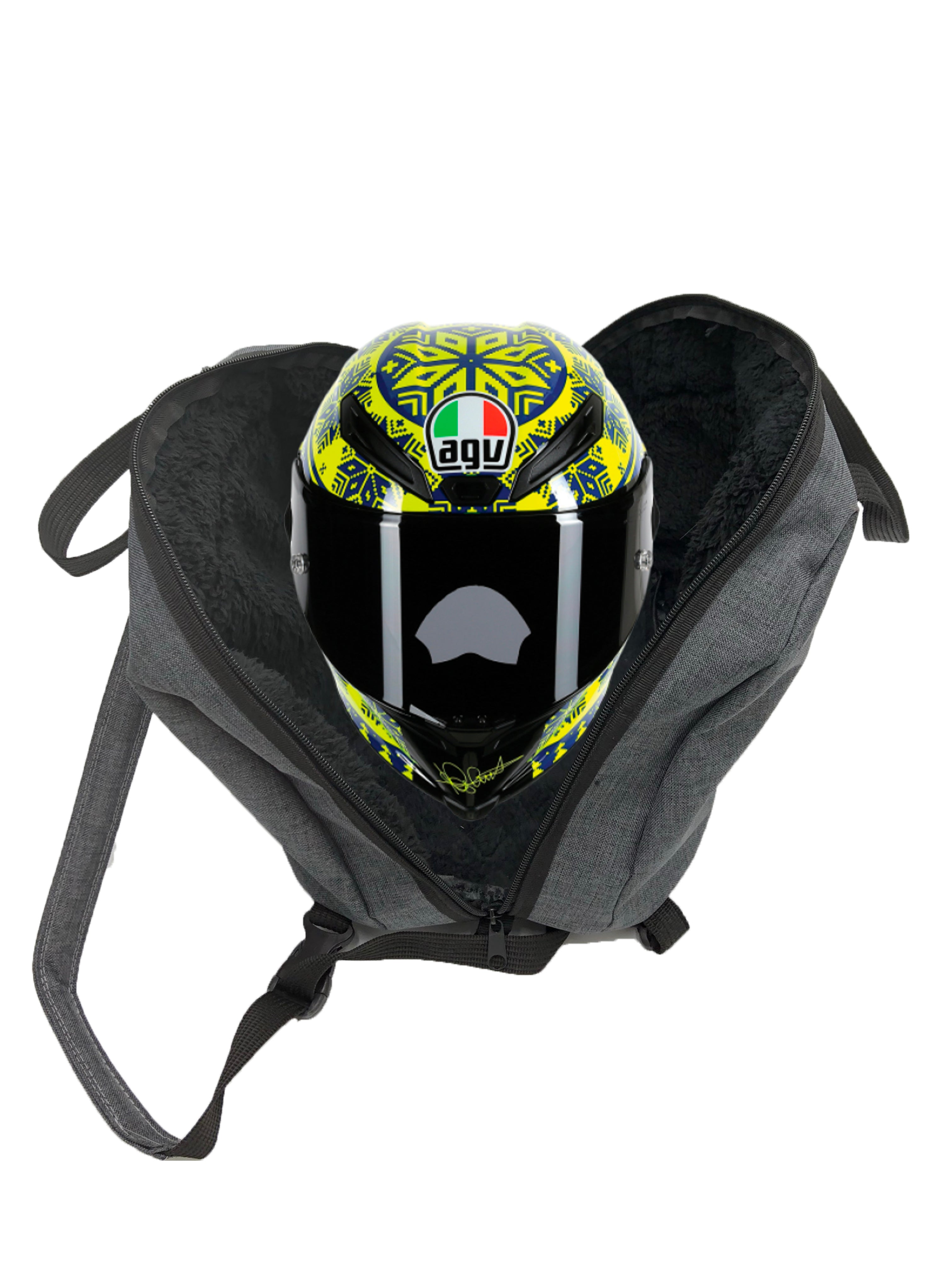 Funda para casco de motocicleta impermeable a salpicaduras, acolchonada y con forro suave para evitar rayones. Compatible con todos los tamaños y modelos de casco (S a XXXL, jet, completo, enduro). Incluye asas superiores, correa tipo mochila y bolsillo exterior con cinta reflejante. Disponible en negro, azul, gris y rojo. Hecho en México con materiales de alta calidad.