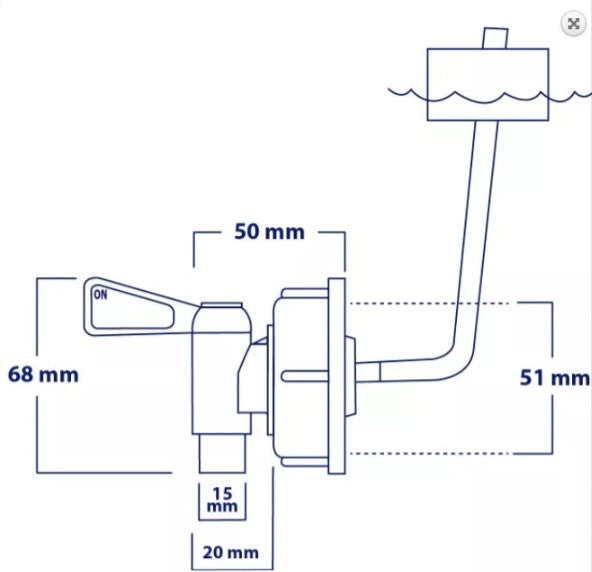 Válvula con cierre de palanca de media vuelta y sistema de auto-venteo para garrafas pequeñas con rosca de 51 mm, ideal para líquidos como agua, solventes, jabón líquido, gasolina y aceite; diseño anti goteo, flujo continuo y fácil uso.