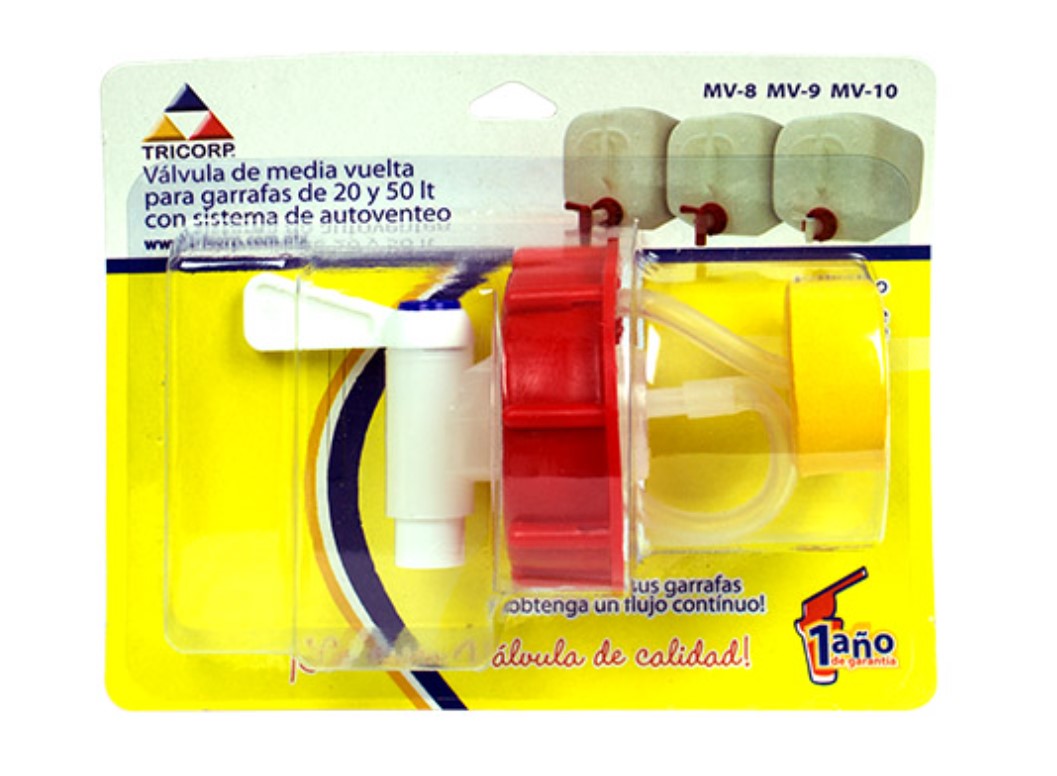 Válvula con cierre de palanca de media vuelta y sistema de auto-venteo para garrafas pequeñas con rosca de 51 mm, ideal para líquidos como agua, solventes, jabón líquido, gasolina y aceite; diseño anti goteo, flujo continuo y fácil uso.