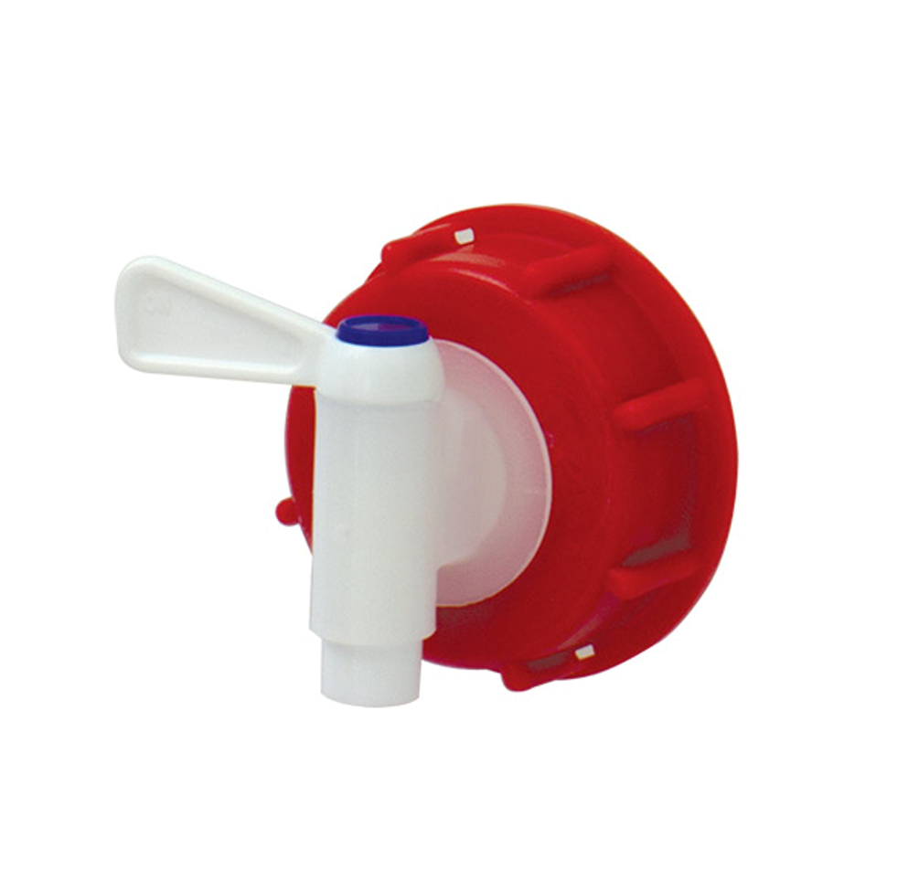 Válvula con cierre de palanca de media vuelta y sistema de auto-venteo para garrafas grandes con rosca de 61 mm, ideal para líquidos como agua, solventes, jabón líquido, gasolina y aceite; diseño anti goteo y flujo continuo.