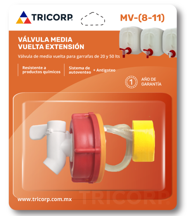 Válvula con cierre de palanca de un cuarto de vuelta y sistema de auto-venteo para garrafas con rosca de 61 mm, ideal para líquidos como agua, solventes, jabón líquido, gasolina y aceite; flujo continuo y diseño anti goteo, para garrafas de 10,20 y 50 litros.