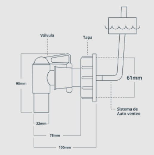 Válvula con cierre de palanca de media vuelta y sistema de auto-venteo para garrafas con rosca de 61 mm, ideal para líquidos como agua, solventes, jabón líquido, gasolina y aceite; flujo continuo y diseño anti goteo.