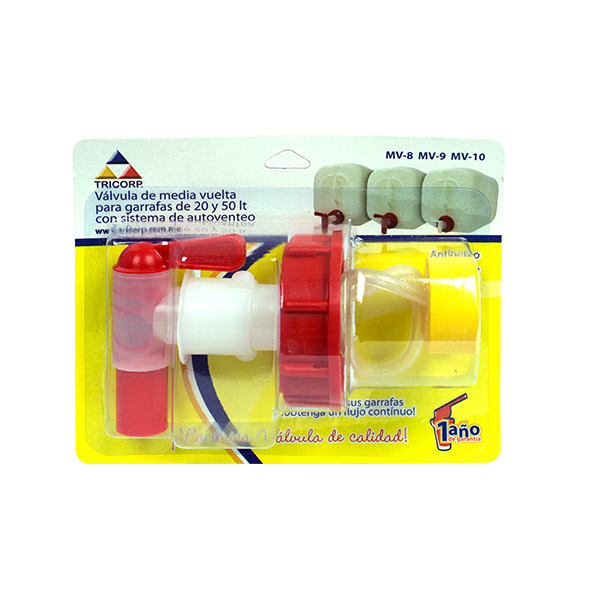 Válvula con cierre de palanca de media vuelta y sistema de auto-venteo para garrafas con rosca de 61 mm, ideal para líquidos como agua, solventes, jabón líquido, gasolina y aceite; flujo continuo y diseño anti goteo.