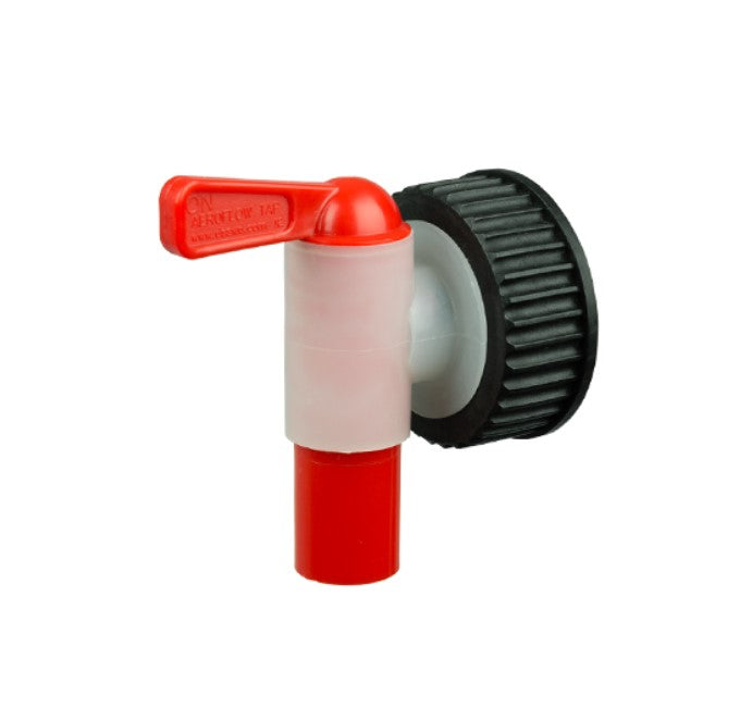 Válvula con cierre de palanca de media vuelta y sistema de auto-venteo para garrafas con rosca de 45 mm, ideal para líquidos como agua, solventes, jabón líquido, gasolina y aceite; flujo continuo y diseño anti goteo.