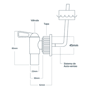 Válvula con cierre de palanca de media vuelta y sistema de auto-venteo para garrafas con rosca de 45 mm, ideal para líquidos como agua, solventes, jabón líquido, gasolina y aceite; flujo continuo y diseño anti goteo.