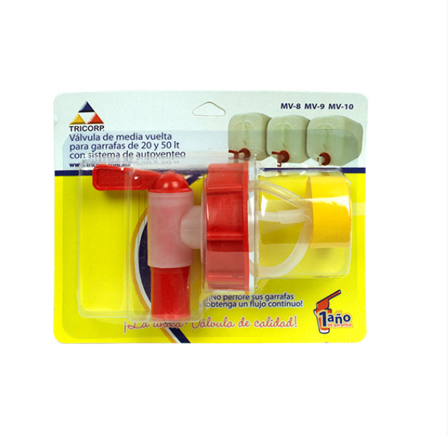 Válvula con cierre de palanca de media vuelta y sistema de auto-venteo para garrafas grandes con rosca de 61 mm, diseñada para líquidos como agua, solventes, jabón líquido, gasolina y aceite; flujo continuo y diseño anti goteo.