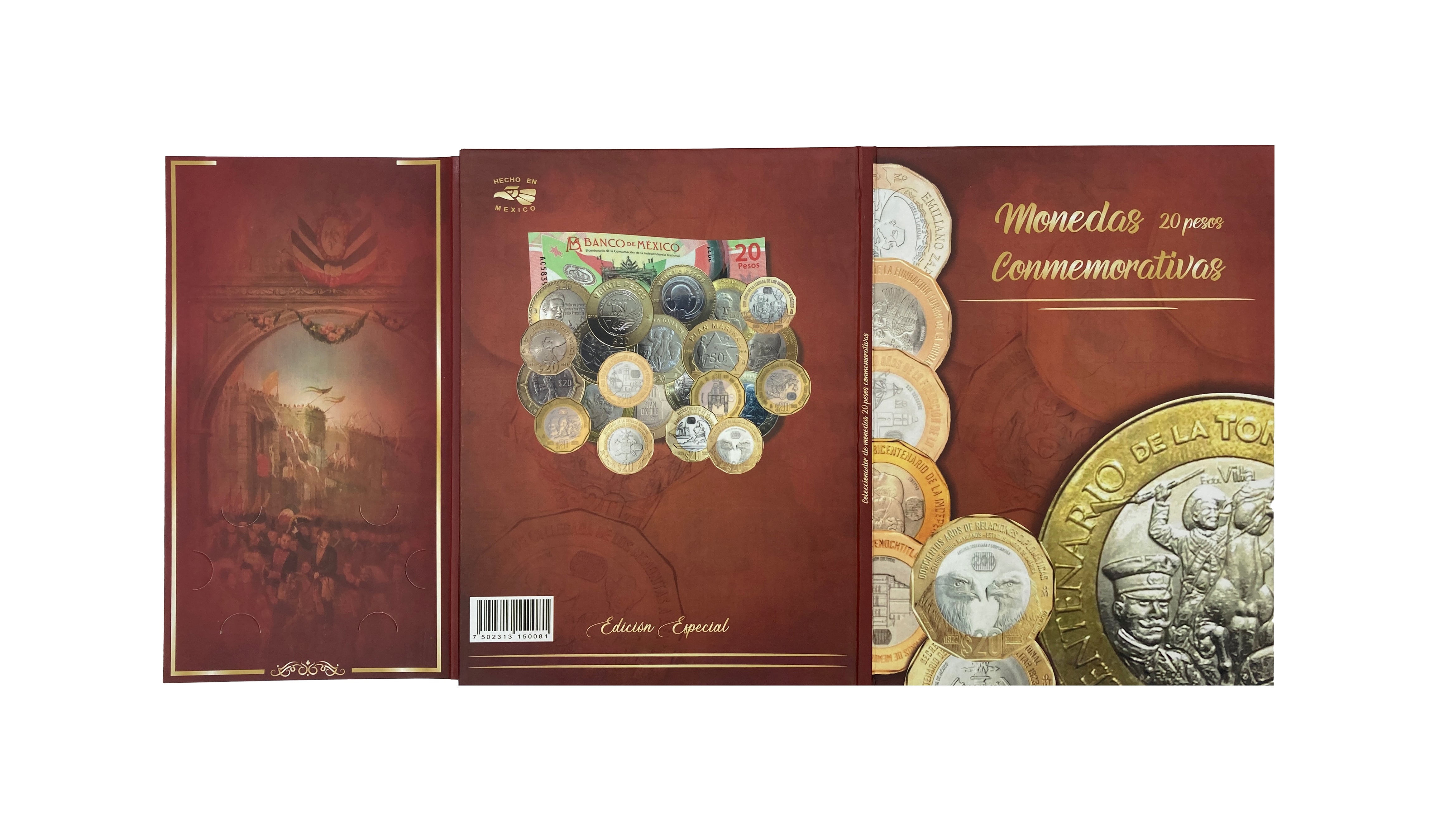 Álbum tríptico para monedas conmemorativas de $20 pesos mexicanos actualizado hasta las ediciones más recientes, incluye 23 espacios para monedas actuales, 5 para futuras ediciones y 1 espacio para el billete conmemorativo de $20 pesos. Fabricado en cartón rígido con impresión offset y suaje preciso. Ideal para coleccionistas y numismáticos.