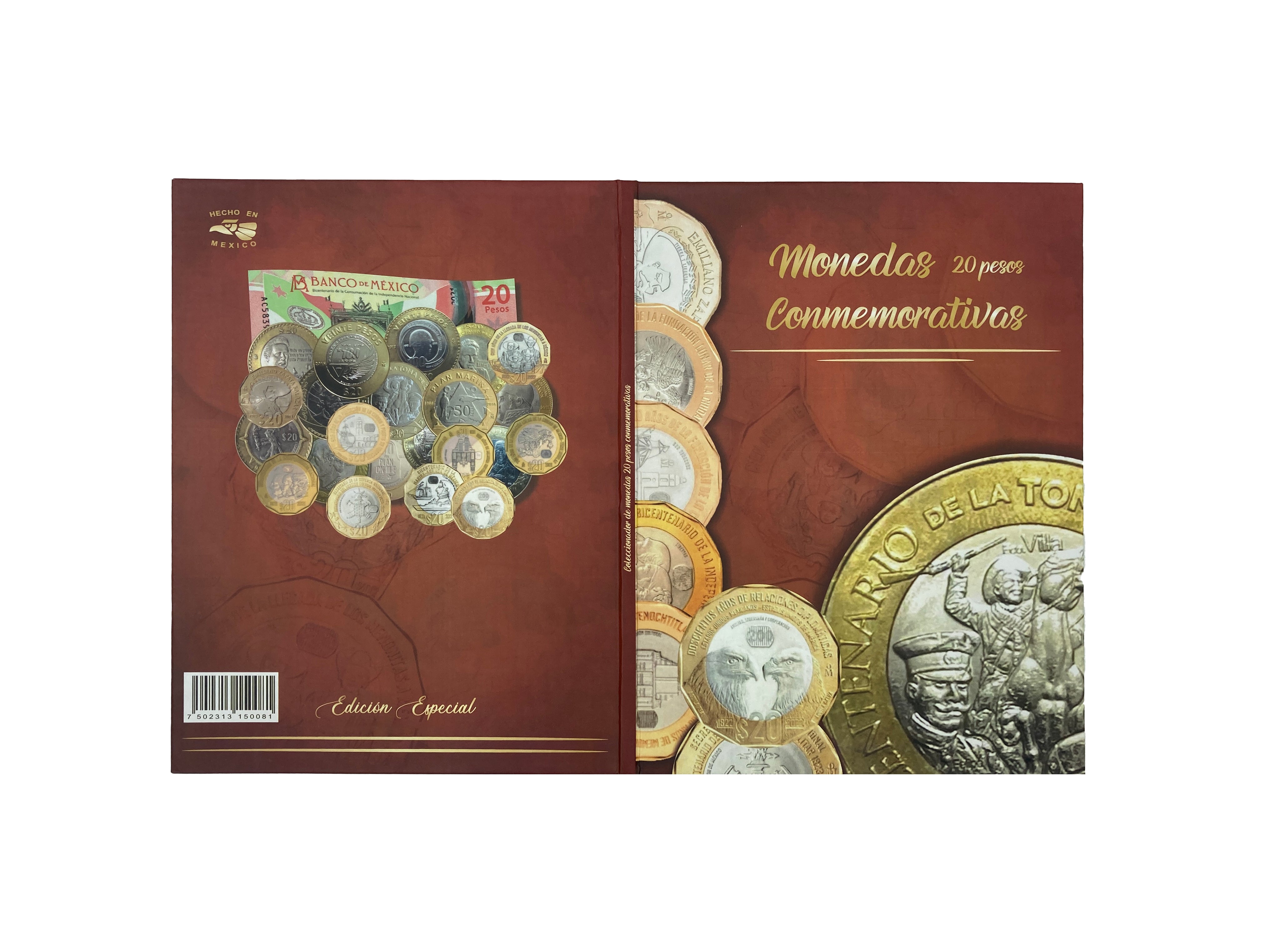 Álbum tríptico para monedas conmemorativas de $20 pesos mexicanos actualizado hasta las ediciones más recientes, incluye 23 espacios para monedas actuales, 5 para futuras ediciones y 1 espacio para el billete conmemorativo de $20 pesos. Fabricado en cartón rígido con impresión offset y suaje preciso. Ideal para coleccionistas y numismáticos.